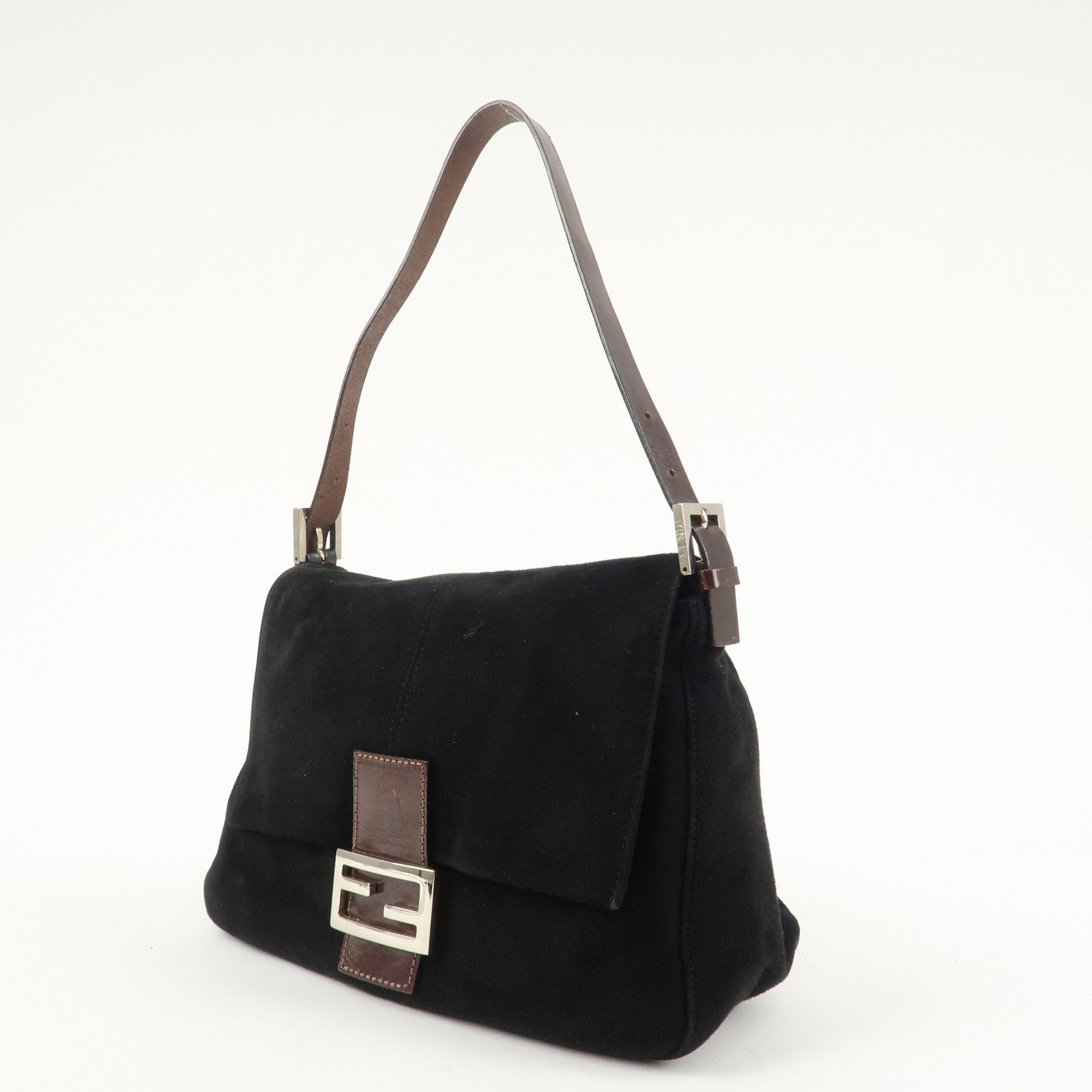 FENDI Mamma Baguette Suede Leather Shoulder Bag Silver HDW 26325 Used