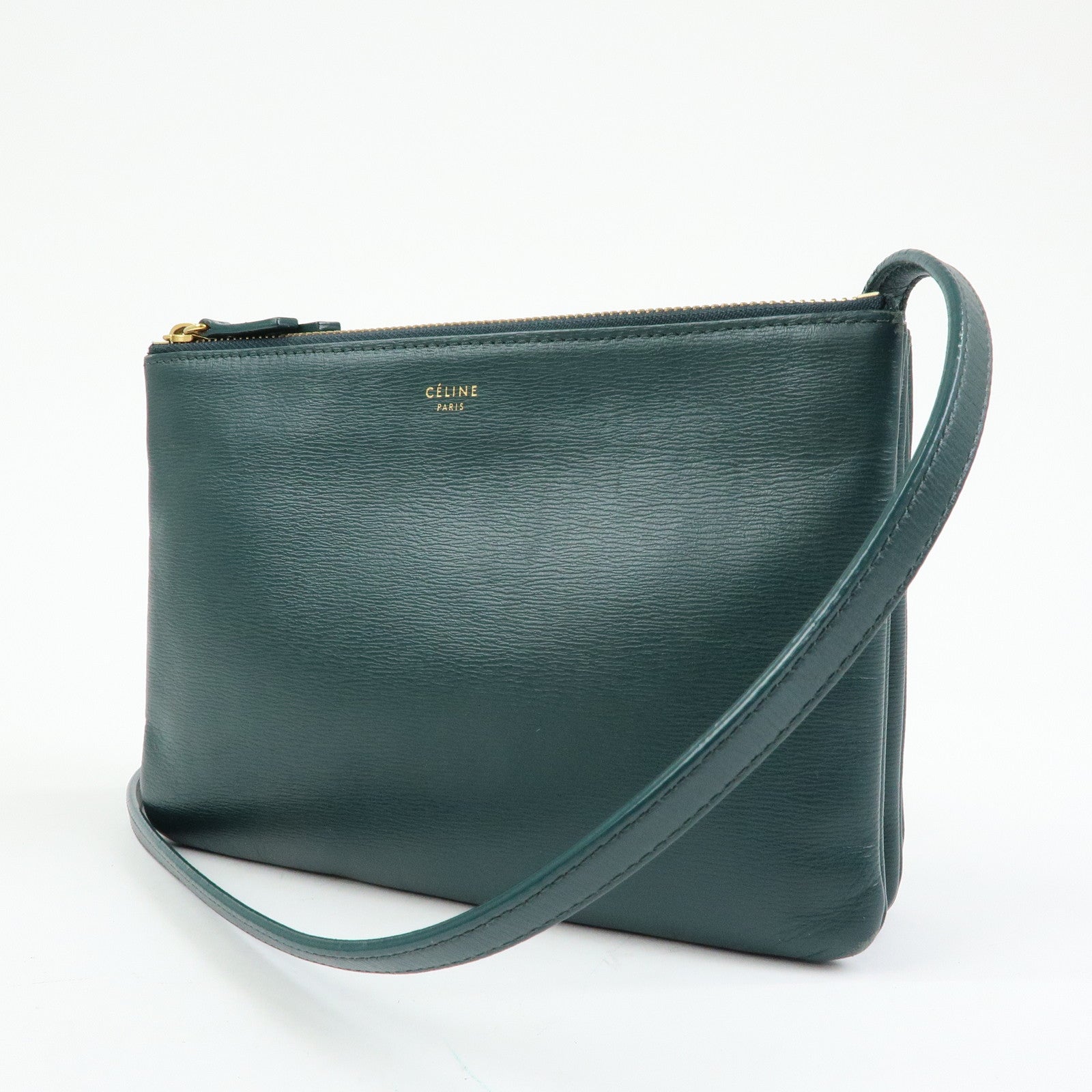 CELINE Trio Leather Shoulder Bag Three Detachable Pouch Dark Green