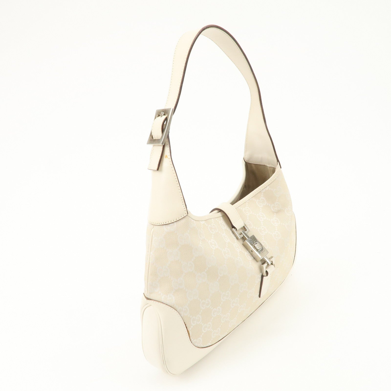 GUCCI Jackie GG Canvas Leather Shoulder Bag Beige White