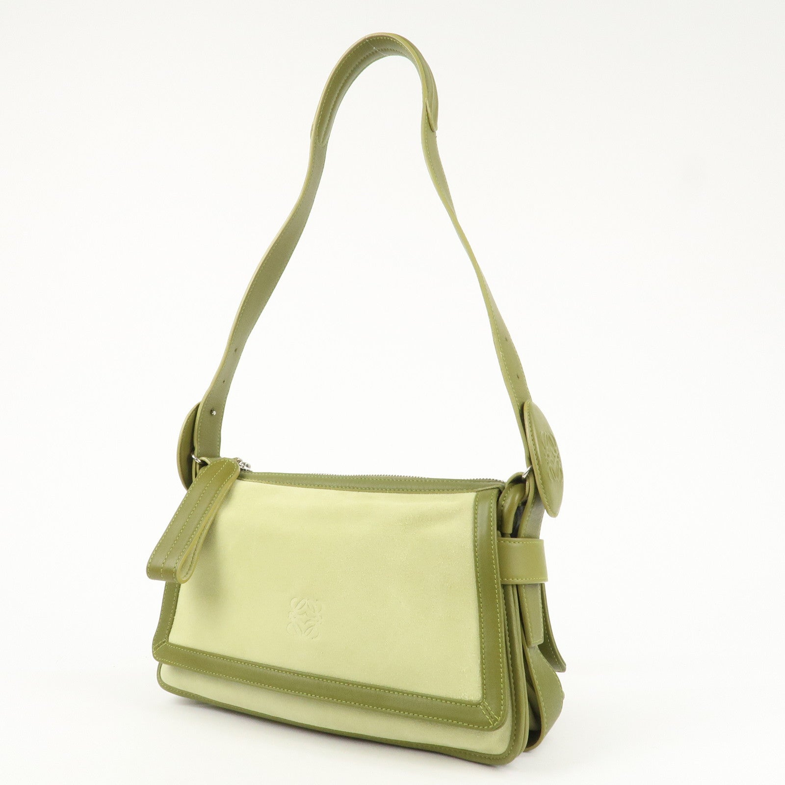 LOEWE Anagram Leather Suede Shoulder Bag Green Silver HDW Used