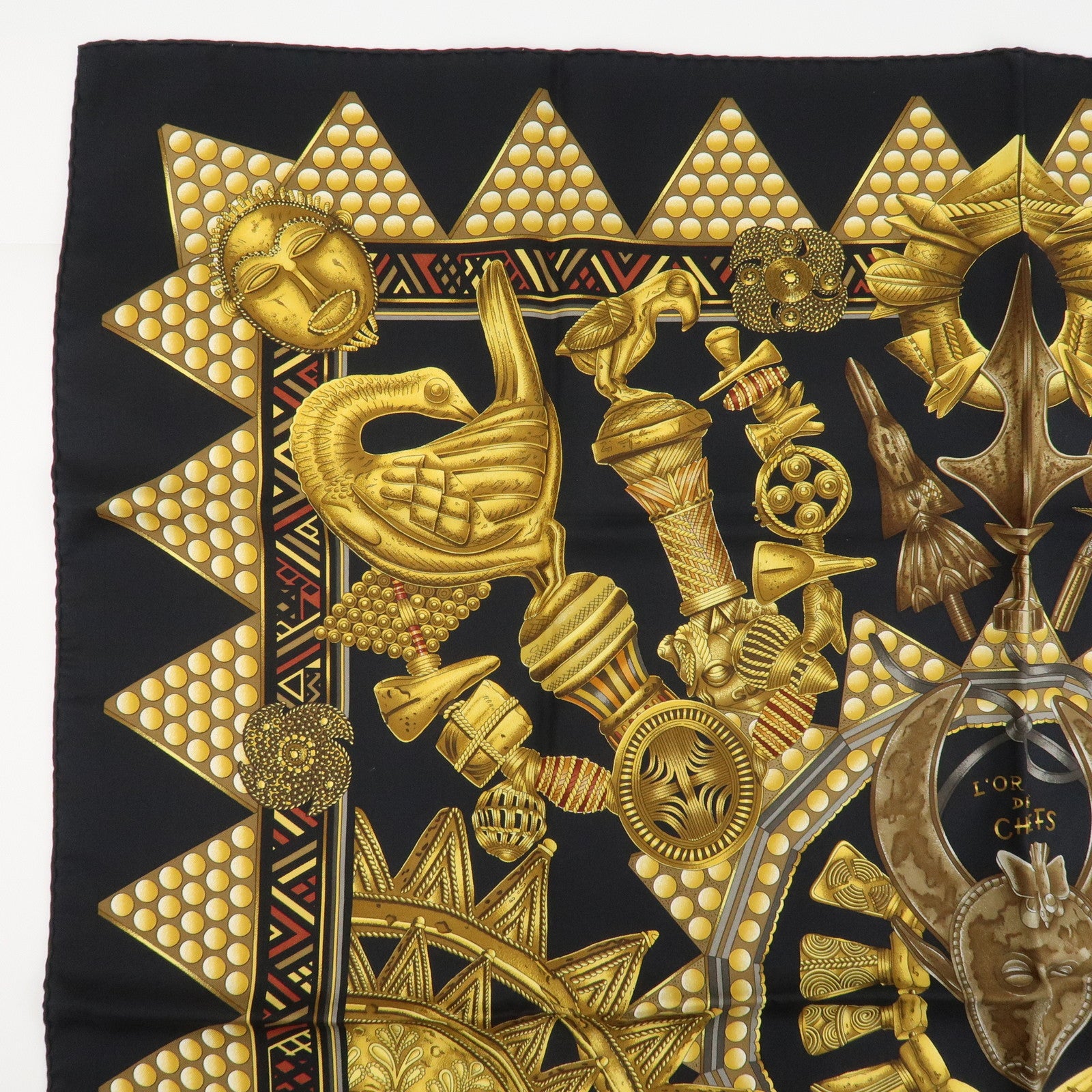 HERMES Carre 90 Silk 100% Scarf L'OR DES CHEFS Gold Black Used