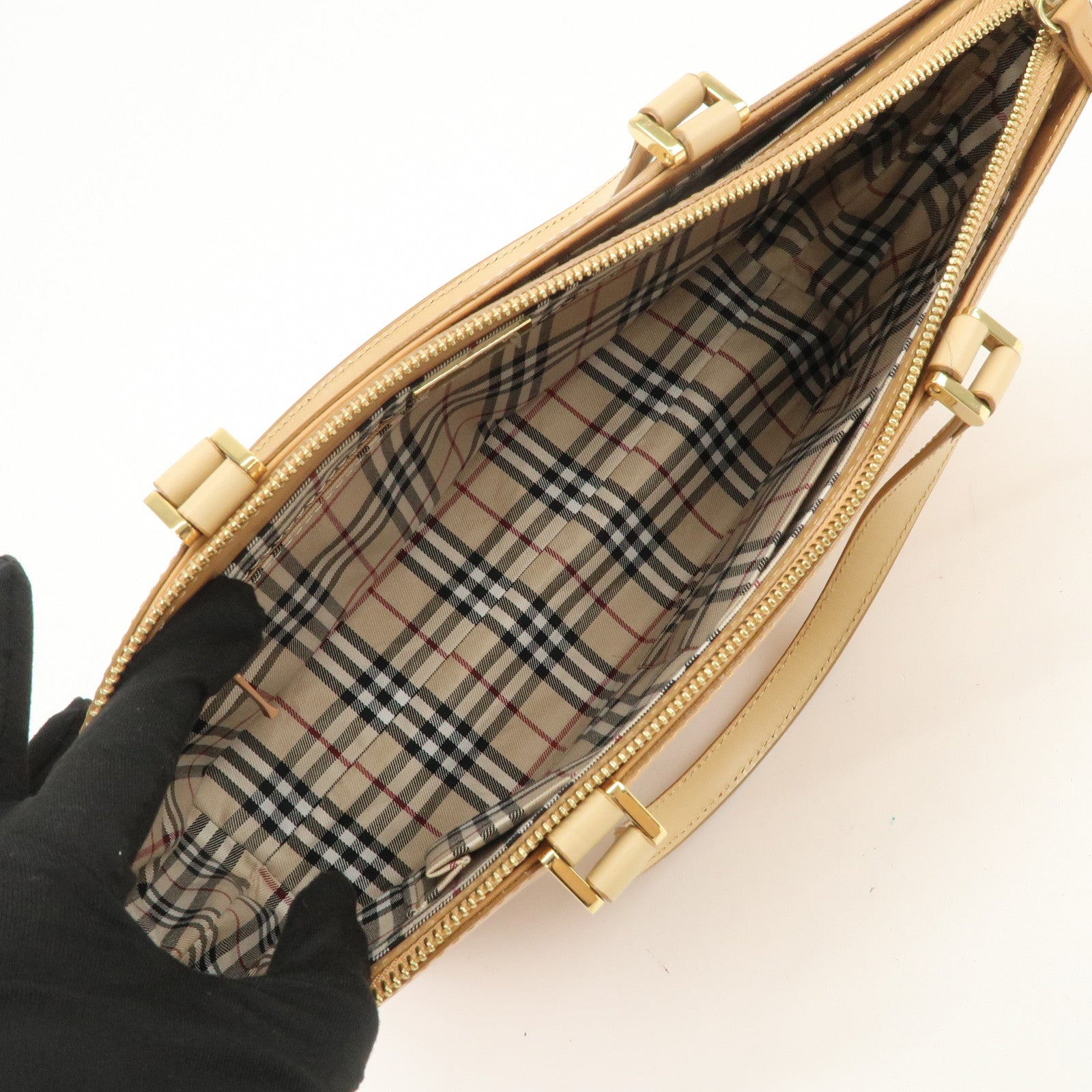 BURBERRY Nova Plaid Logo Leather Hand Bag Light Brown