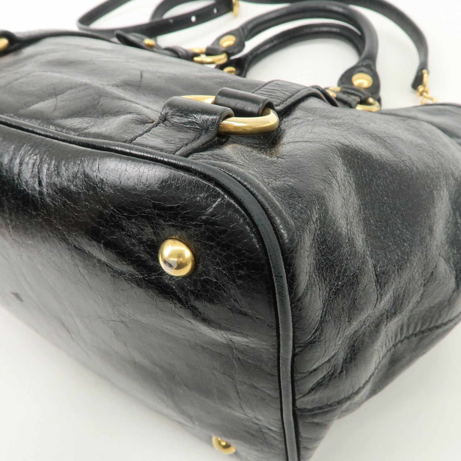 MIUMIU Logo Leather 2WAY Hand Bag Black Gold Hardware RN0685 Used
