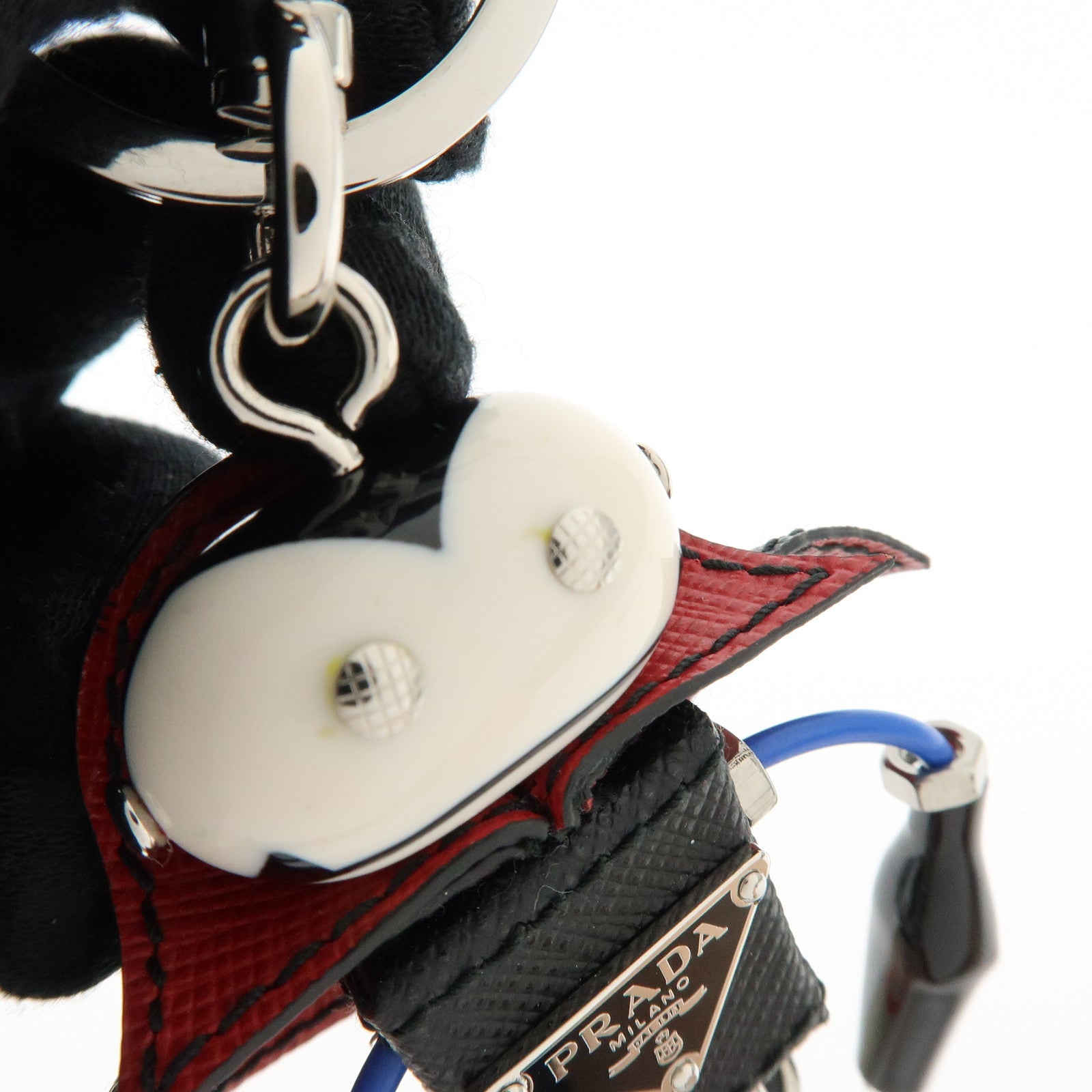 PRADA Triangle Logo Metal Saffiano Leather Bag Key Charm Black Red