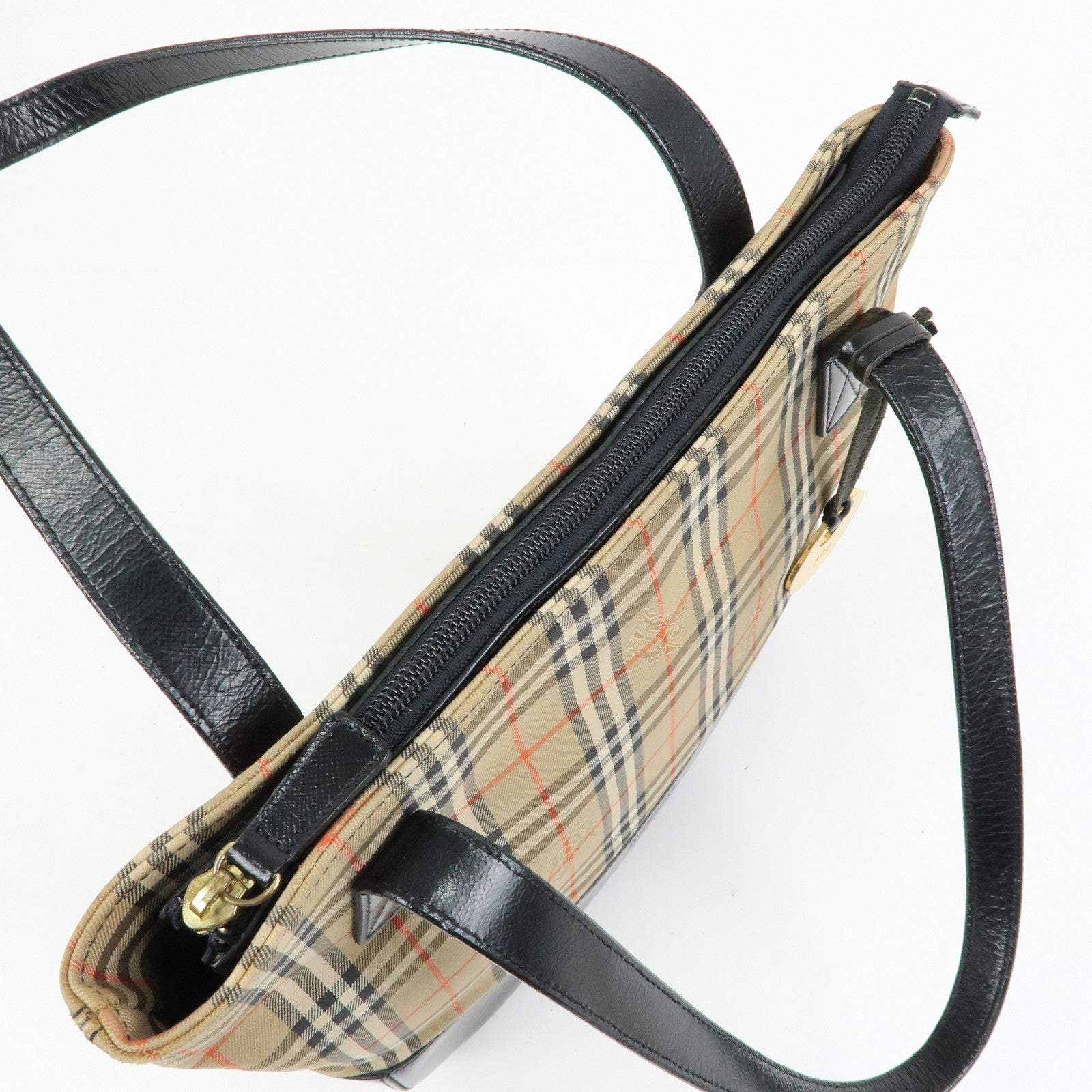 BURBERRY Canvas Leather Nova Plaid Tote Shoulder Bag Beige Black