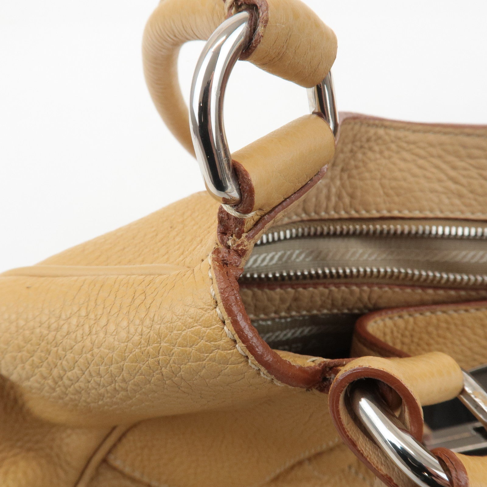 PRADA Leather Shoulder Bag Hand Bag Beige Silver HDW Used