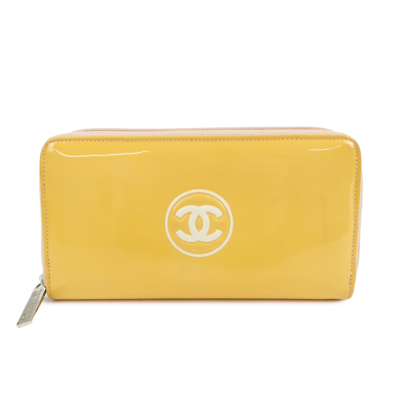CHANEL Makeup COCO Mark Patent Leather Long Wallet Yellow