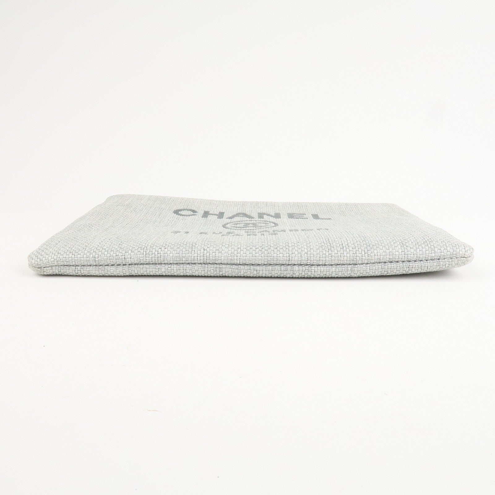 CHANEL Deauville Nylon Canvas Pouch Clutch Bag Light Gray A80118