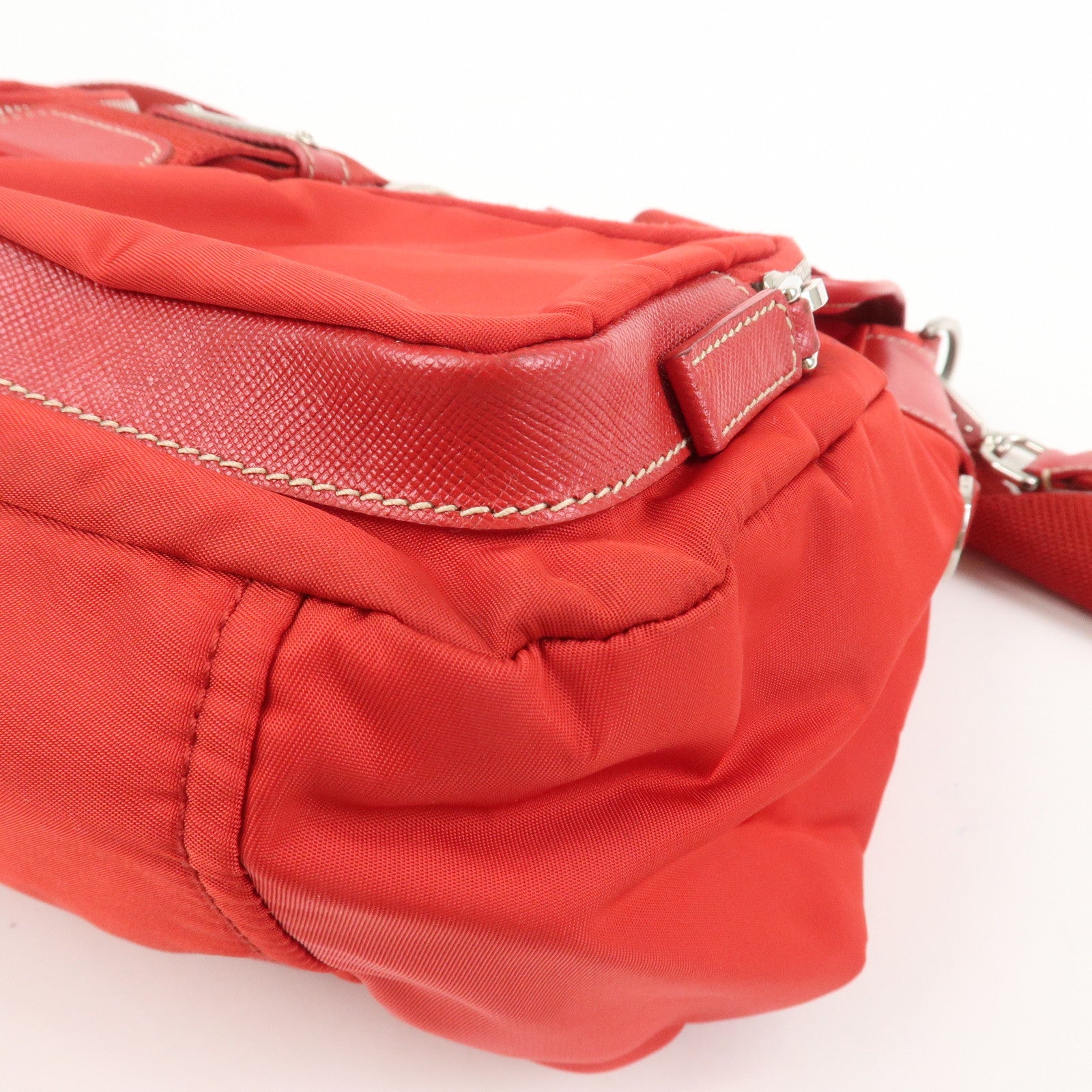 PRADA Triangle Logo Nylon Saffiano Leather Shoulder Bag Red BT0436