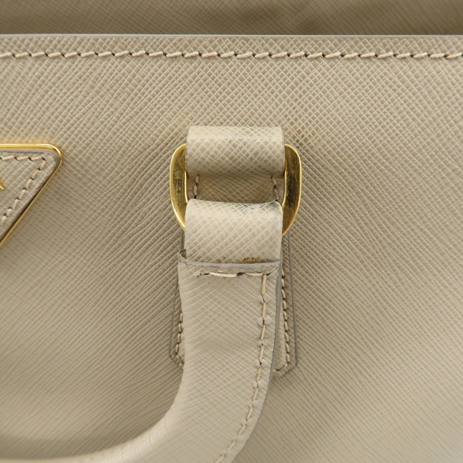 PRADA Triangle Logo Leather 2Way Bag Hand Bag Beige Gold Hardware Used