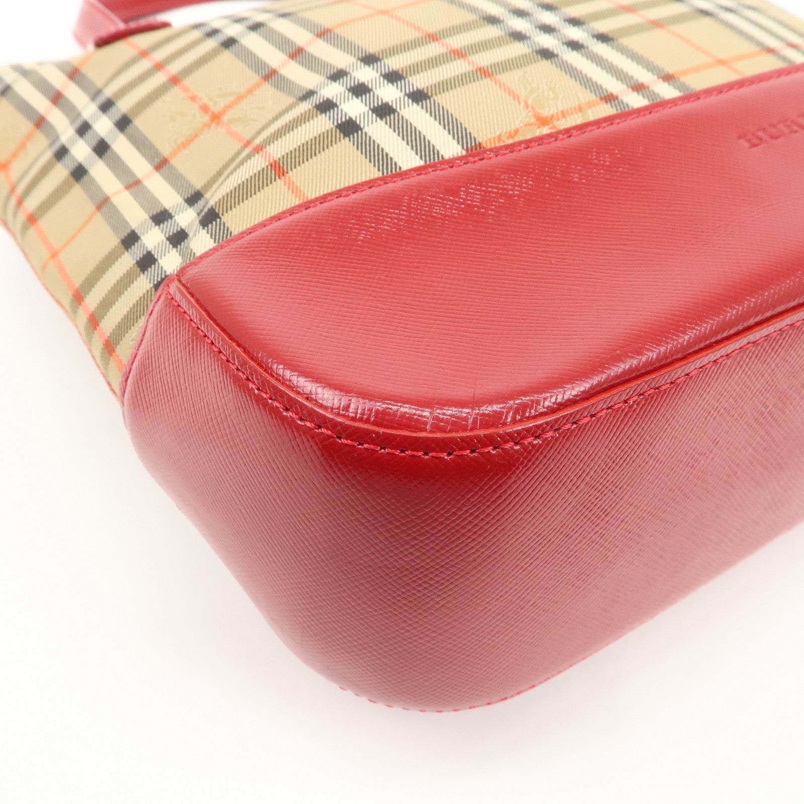 BURBERRY Leather Canvas Tote Bag Hand Bag Nova Plaid Red Beige Used