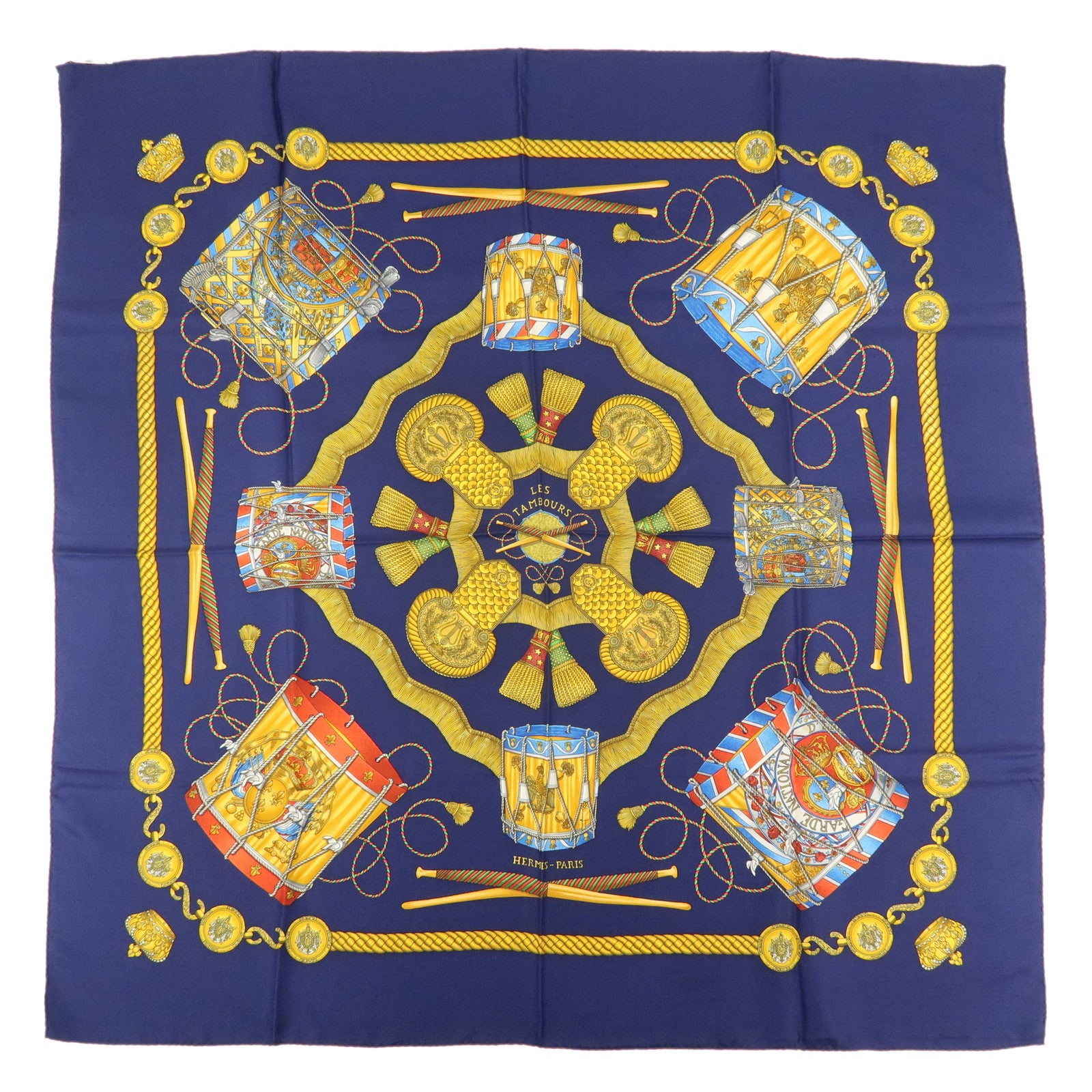 HERMES Carre 90 Silk 100% Scarf LES TAMBOURS Navy Yellow