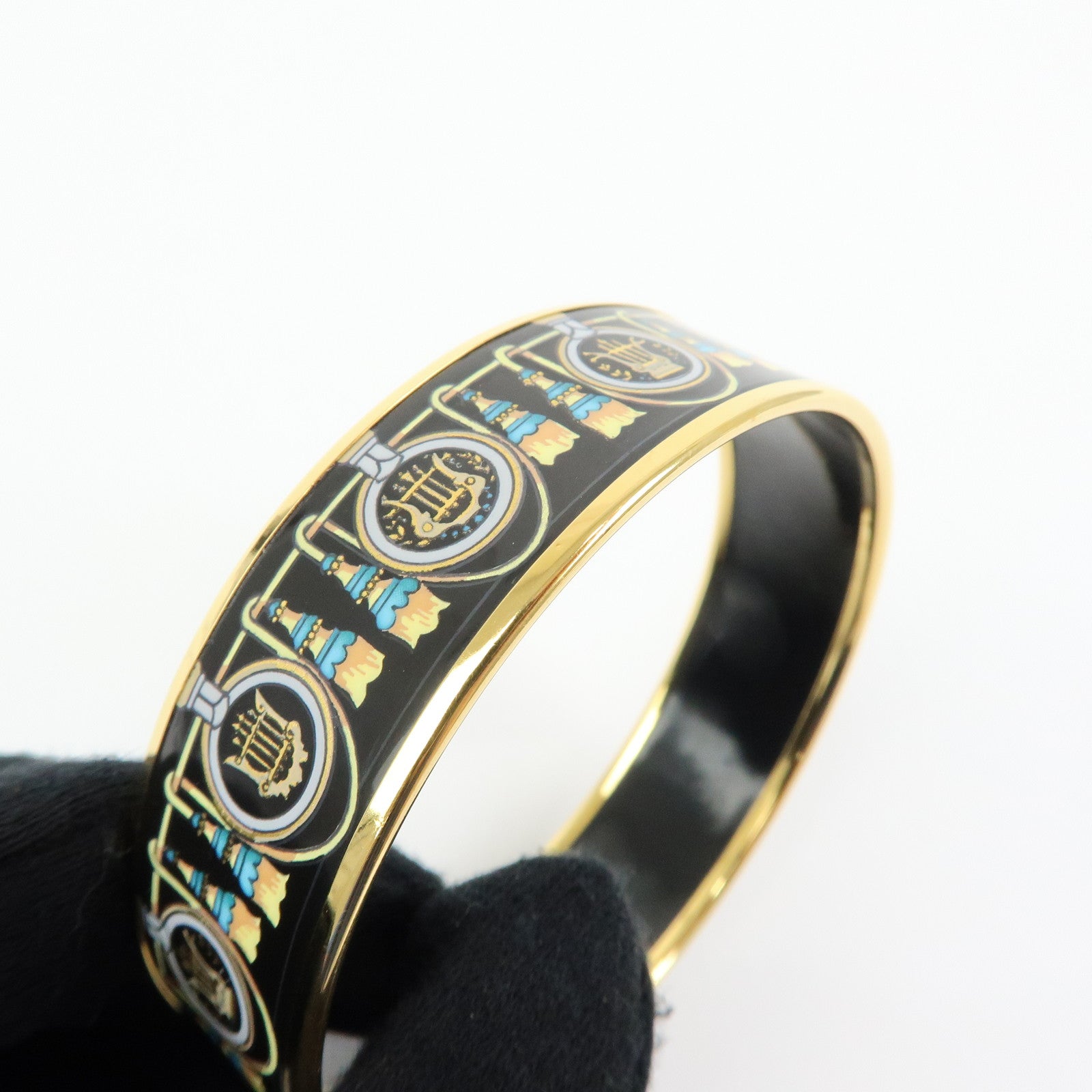 HERMES Email GM Gold Plated Bangle Bracelet Black Gold