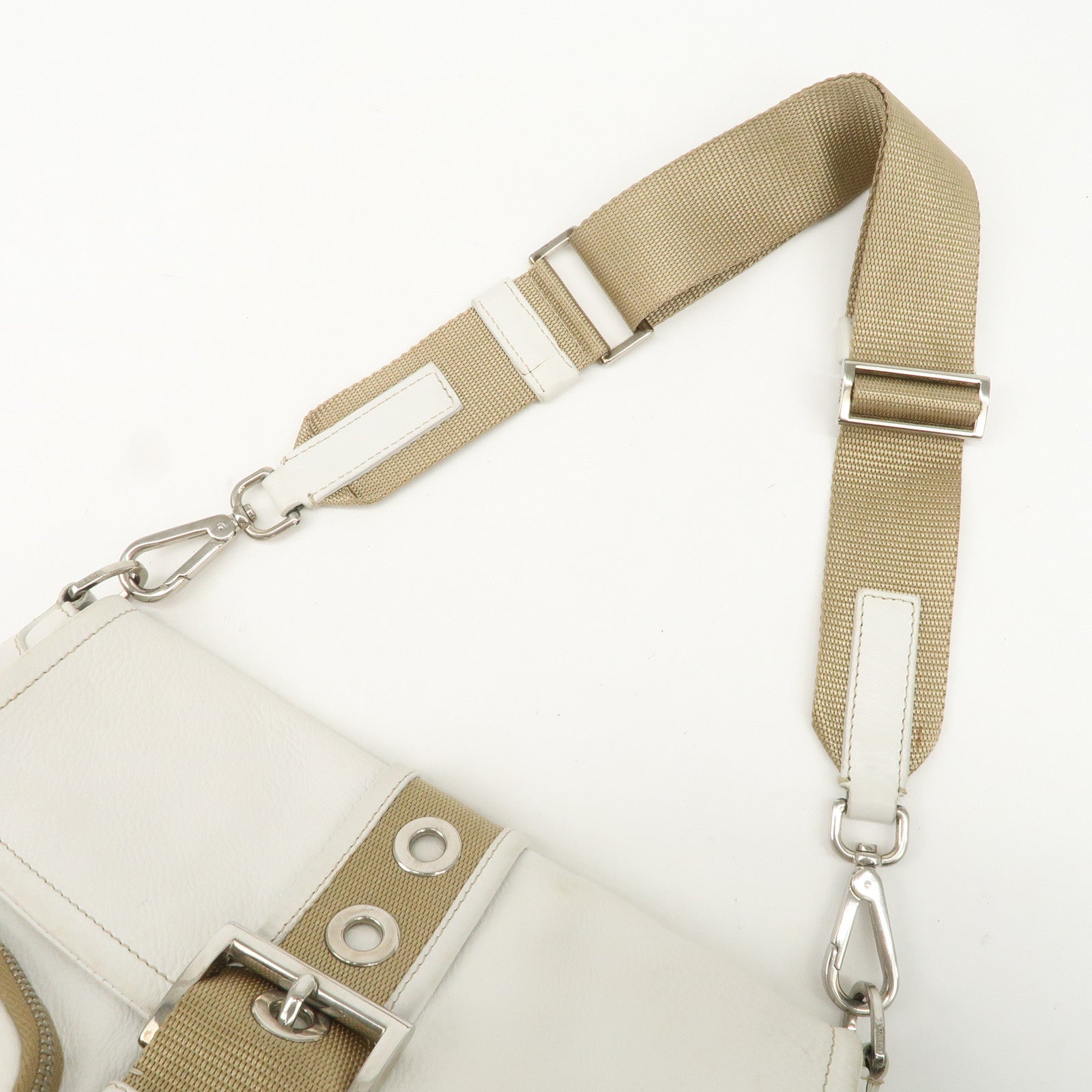 PRADA Triangle Logo Leather Nylon Shoulder Bag White Beige