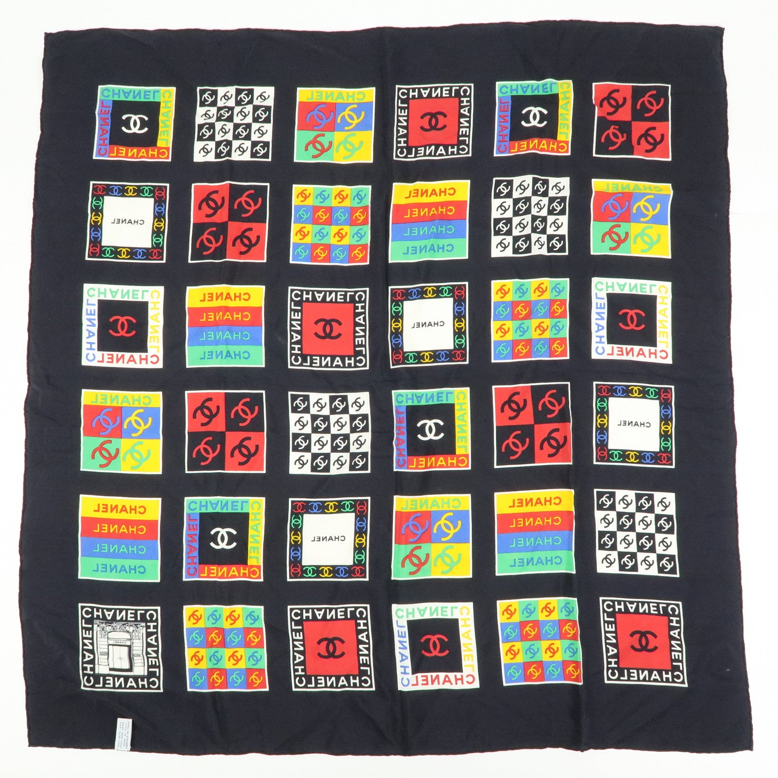 CHANEL COCO Mark Silk 100% Scarf 85×85 Black Multicolor