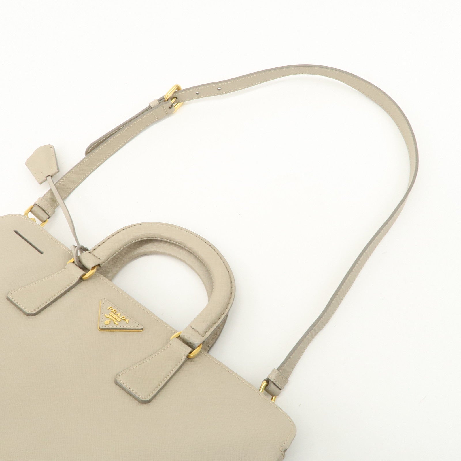PRADA Triangle Logo Leather 2Way Bag Hand Bag Beige Gold Hardware Used