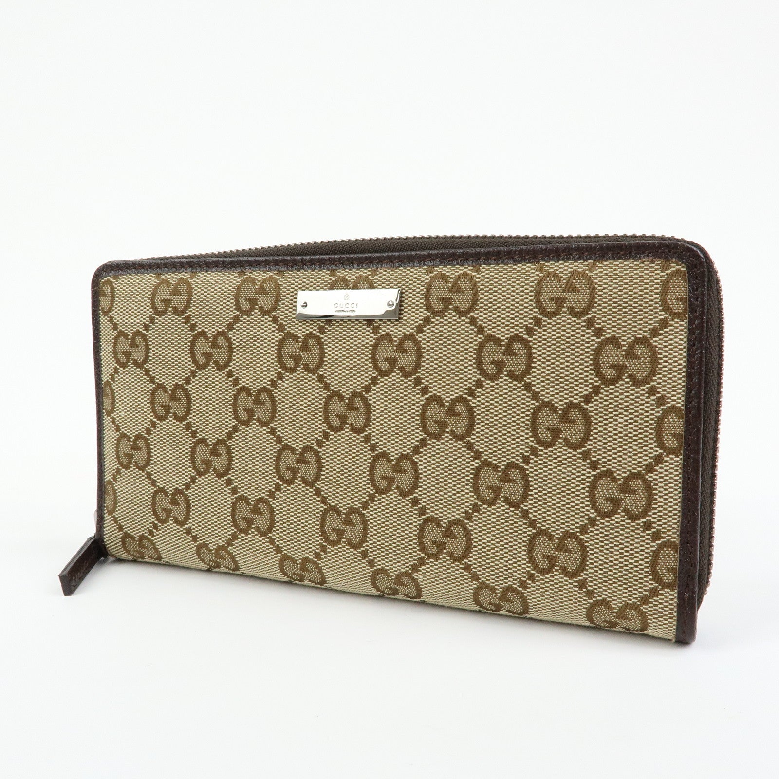 GUCCI GG Canvas Leather Round Zippy Long Wallet Beige Brown 112724