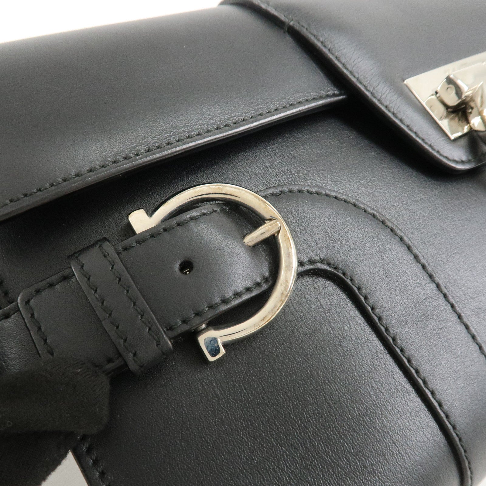 Ferragamo Gancini Leather 2Way Bag Hand Bag Shoulder Bag Black