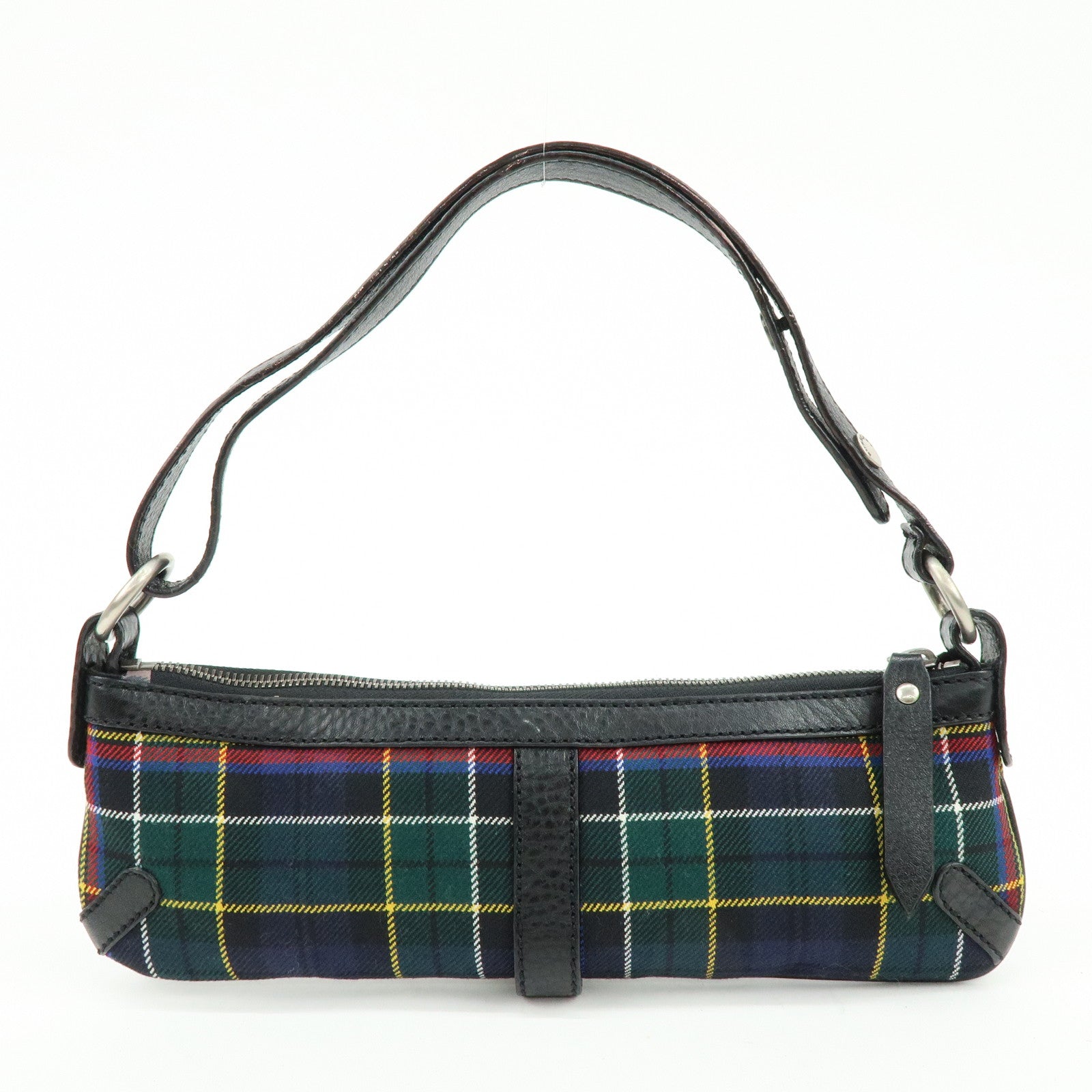 BURBERRY Canvas Leather Plaid Shoulder Bag Black Green