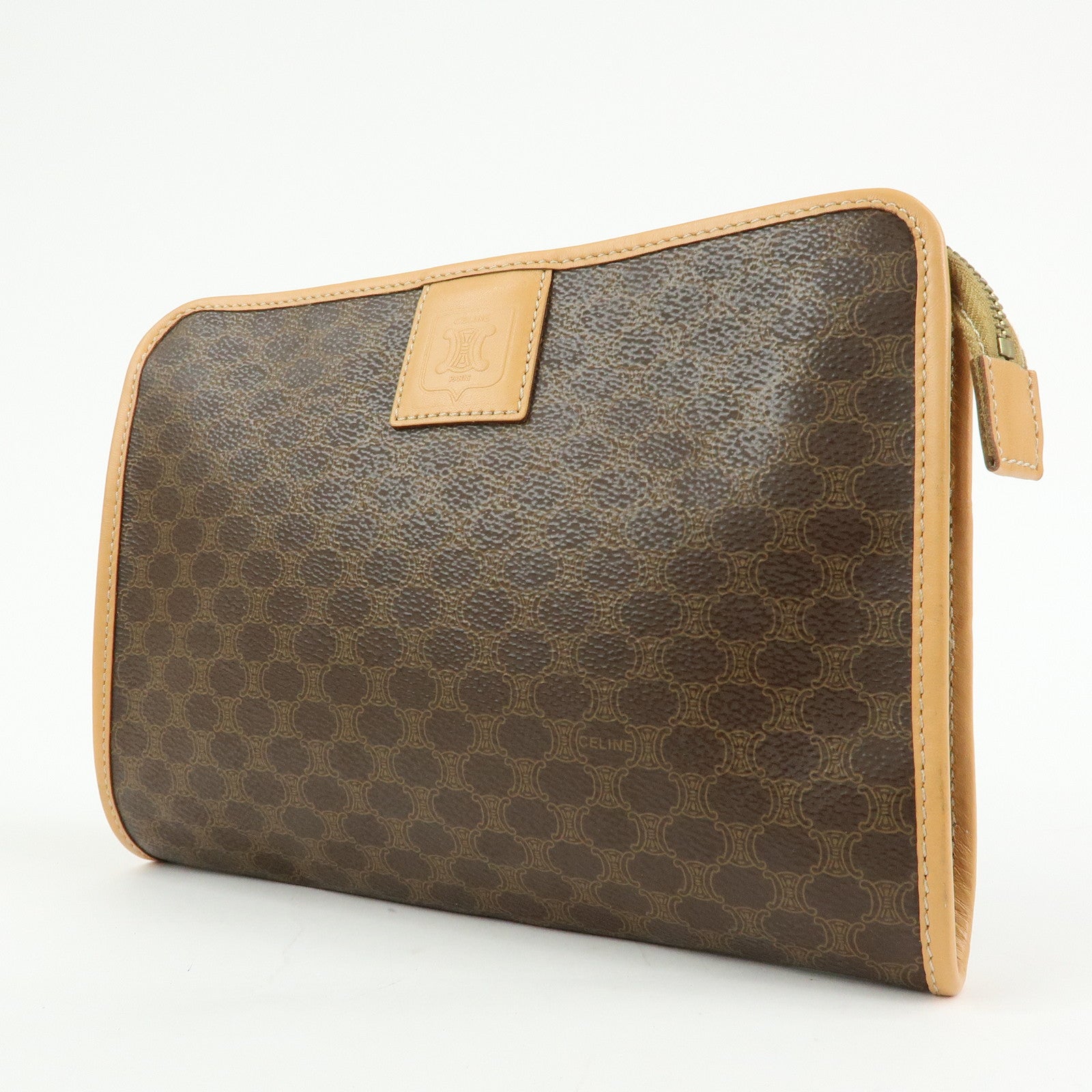 CELINE Macadam PVC Coated Canvas Leather Clutch Bag Pouch Brown