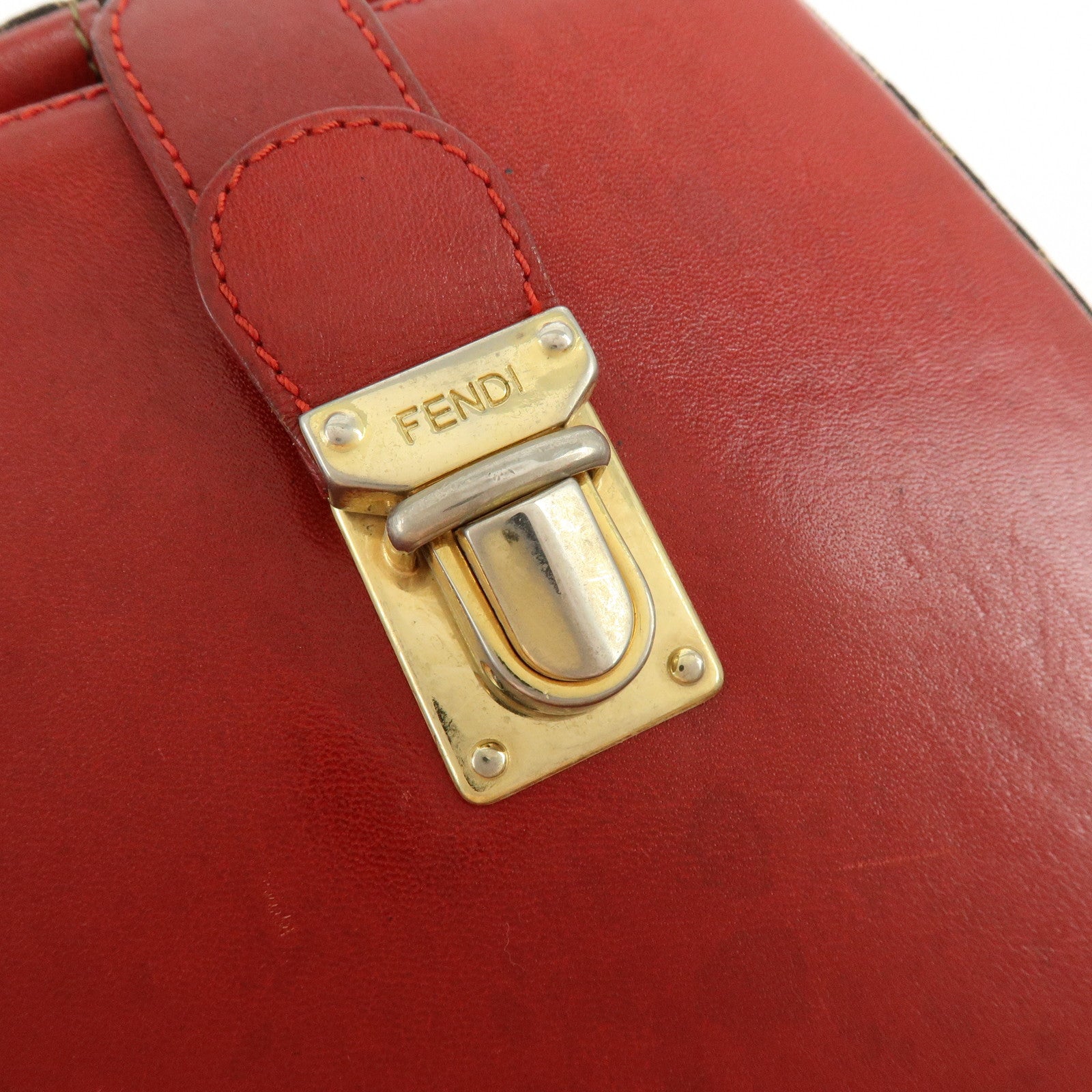 FENDI Canvas Leather Hand Bag Boston Bag Leopard Brown Red