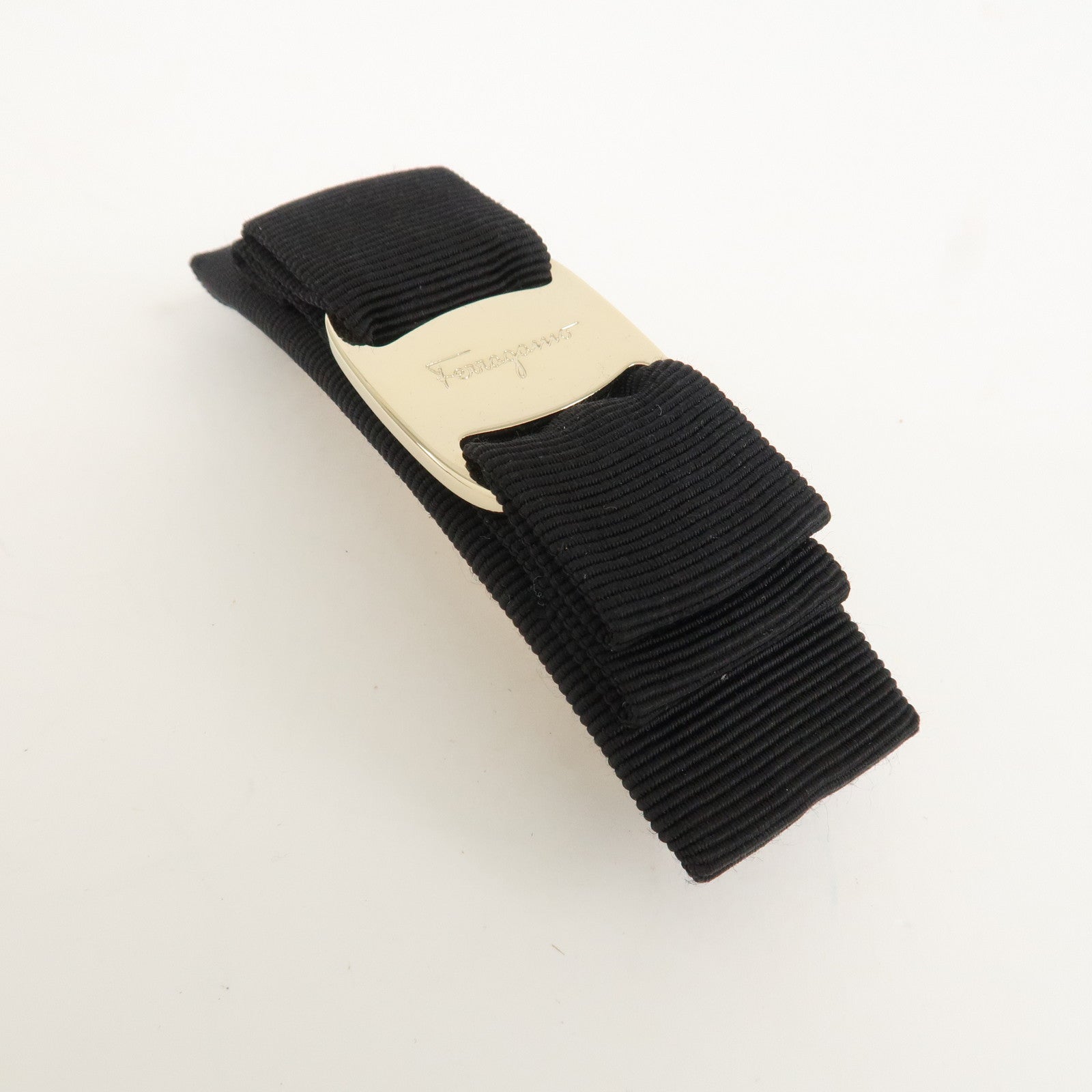 Ferragamo Vara Ribbon Cotton Barrette Hair Clip Black 342019 Used