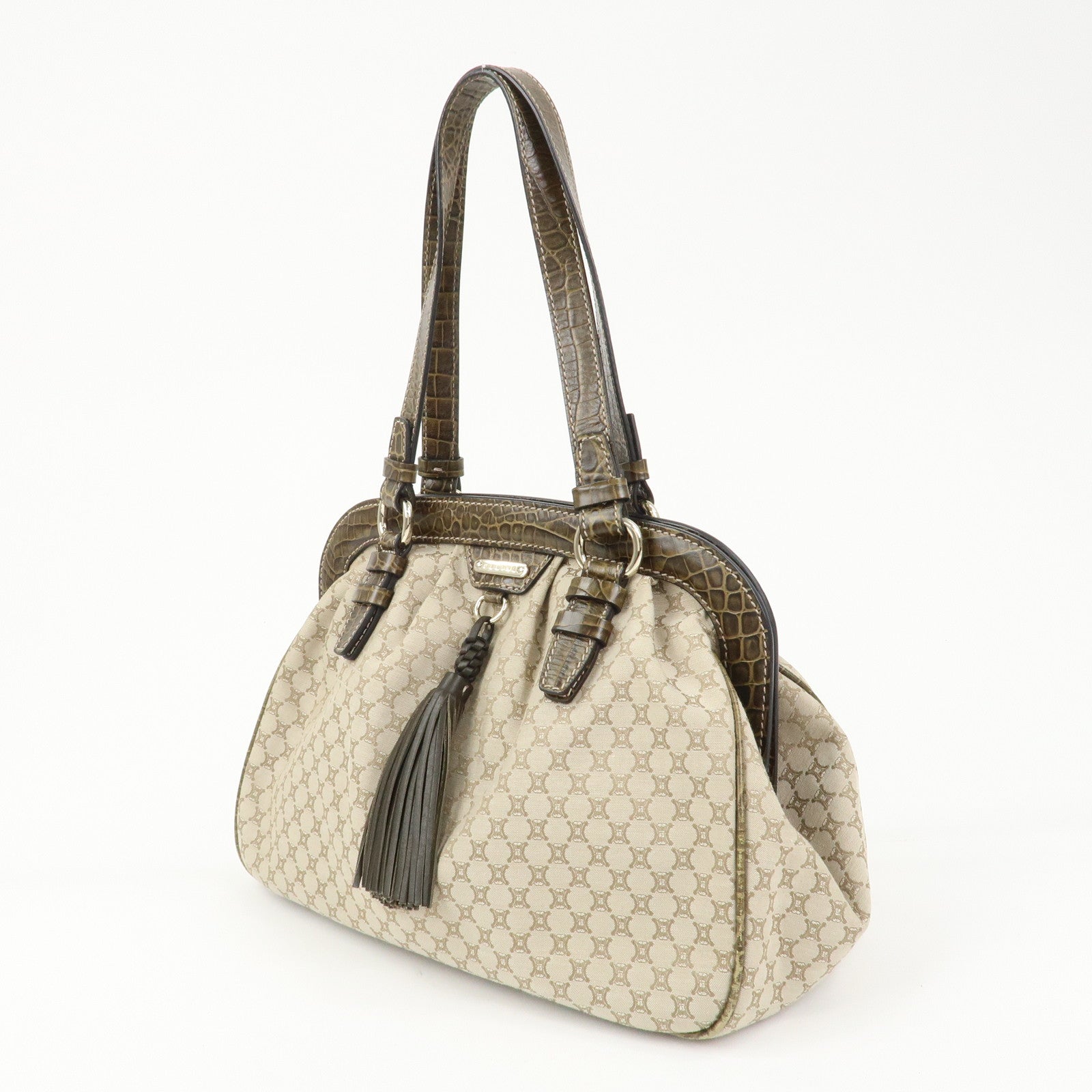 CELINE Macadam Canvas Leather Shoulder Bag Hand Bag Beige