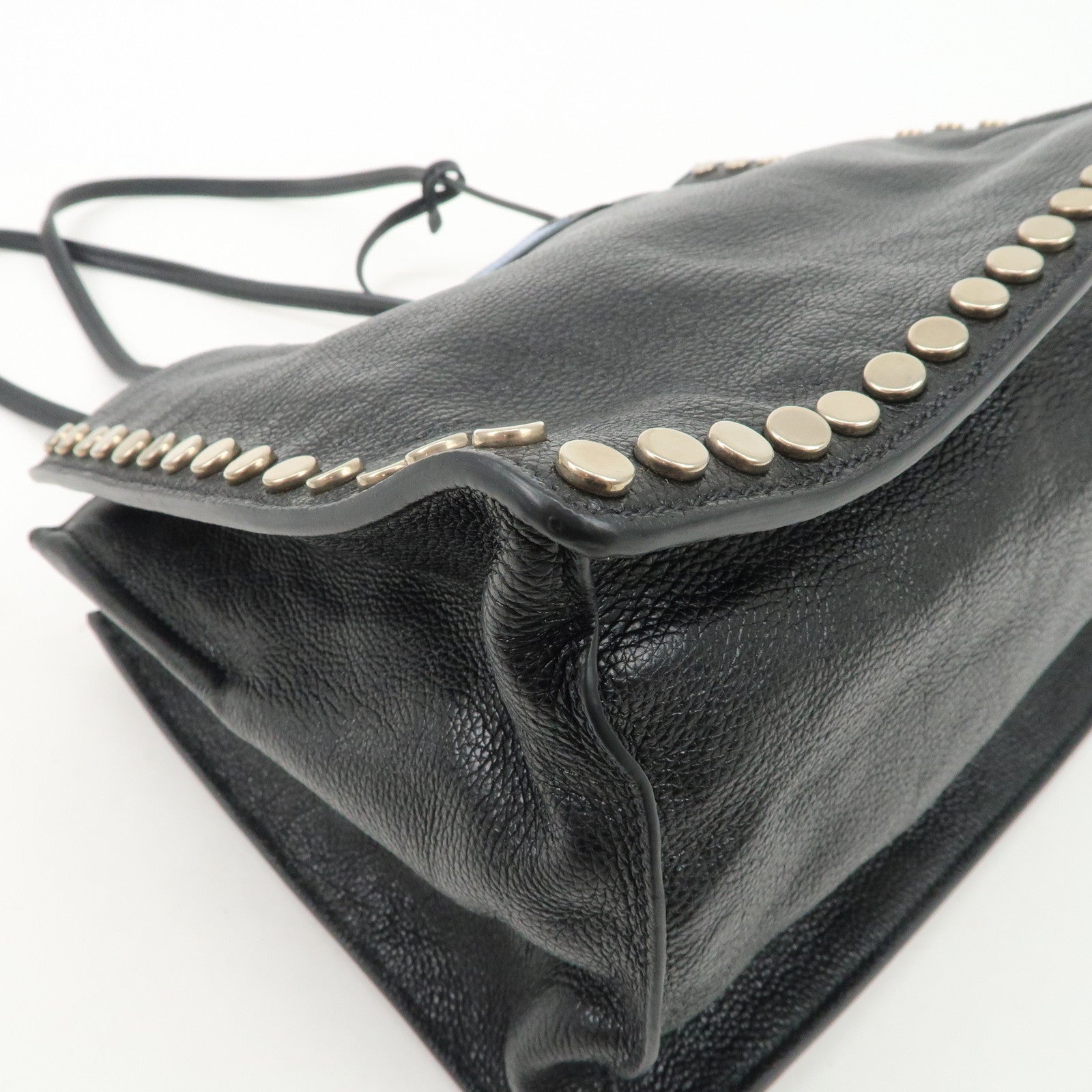 PRADA Logo Etiquette Leather Tote Bag Studs Black 1BG121