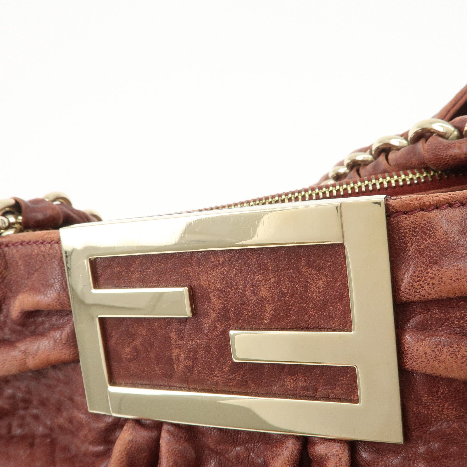 FENDI Mia Logo Leather Chain Tote Bag Shoulder Bag Bordeaux 8BR616