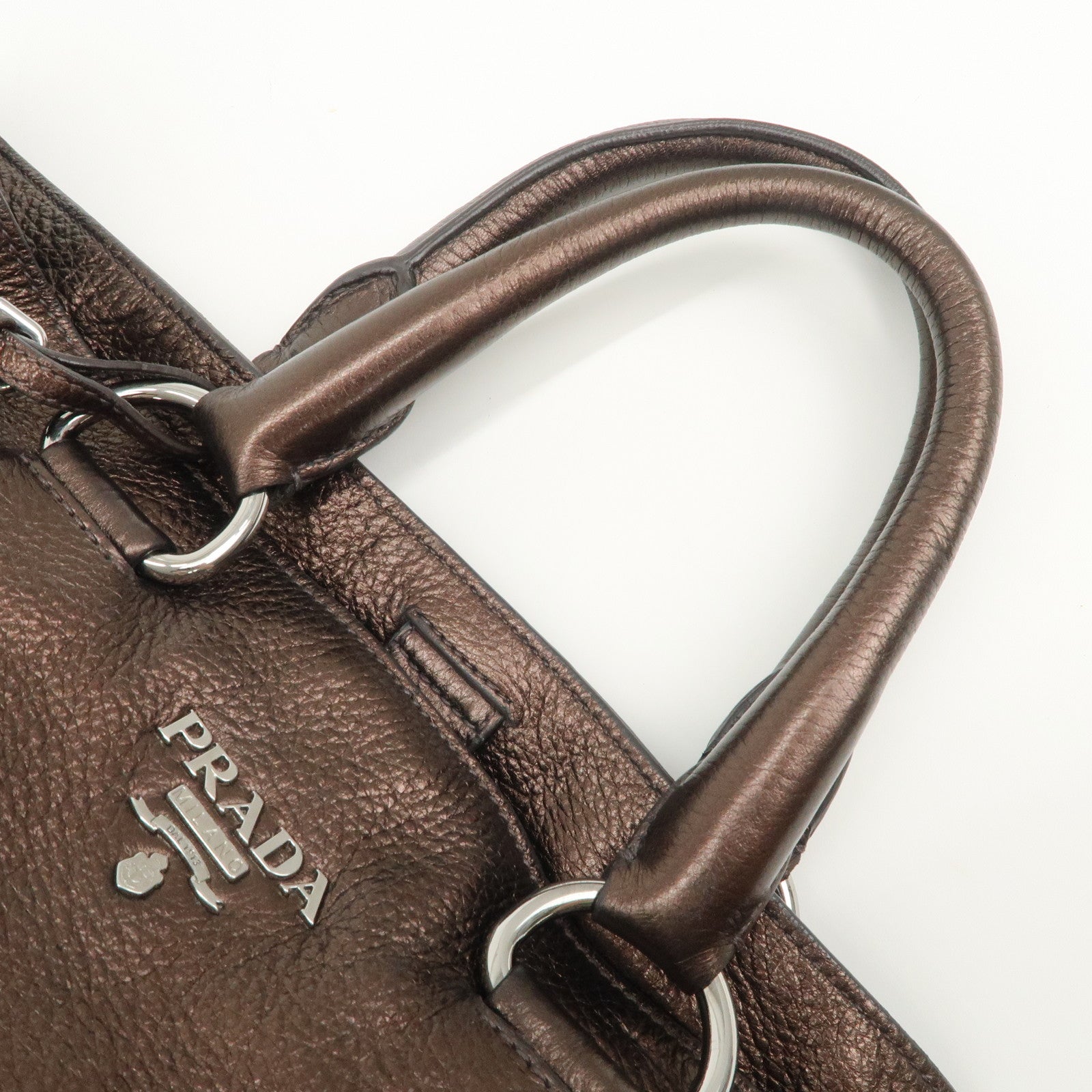 PRADA Leather 2Way Tote Bag Shoulder Bag Metallic Brown BN1713
