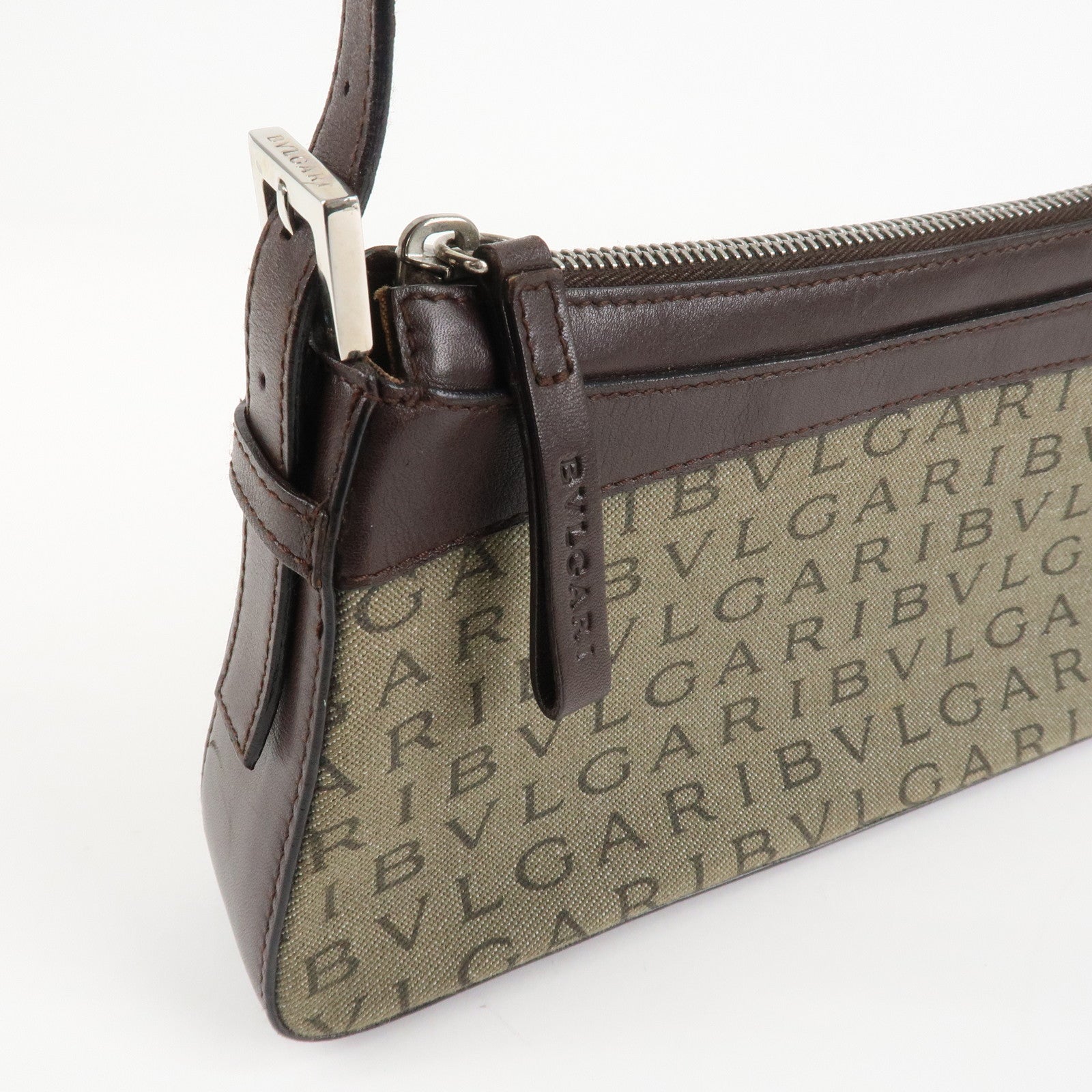 BVLGARI Logo Mania Canvas Leather Shoulder Bag khaki Dark Brown Used