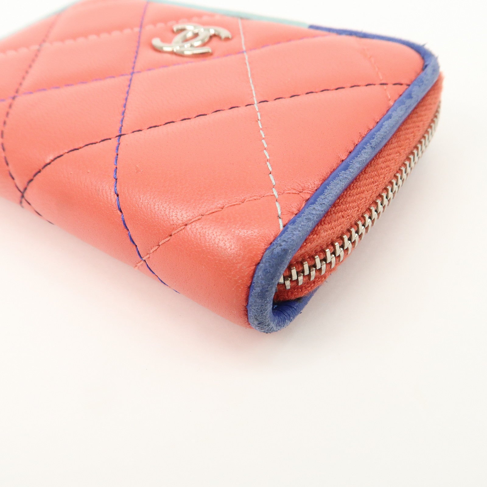 CHANEL Matelasse Lamb Skin Coin Case Coin Purse Pink Blue