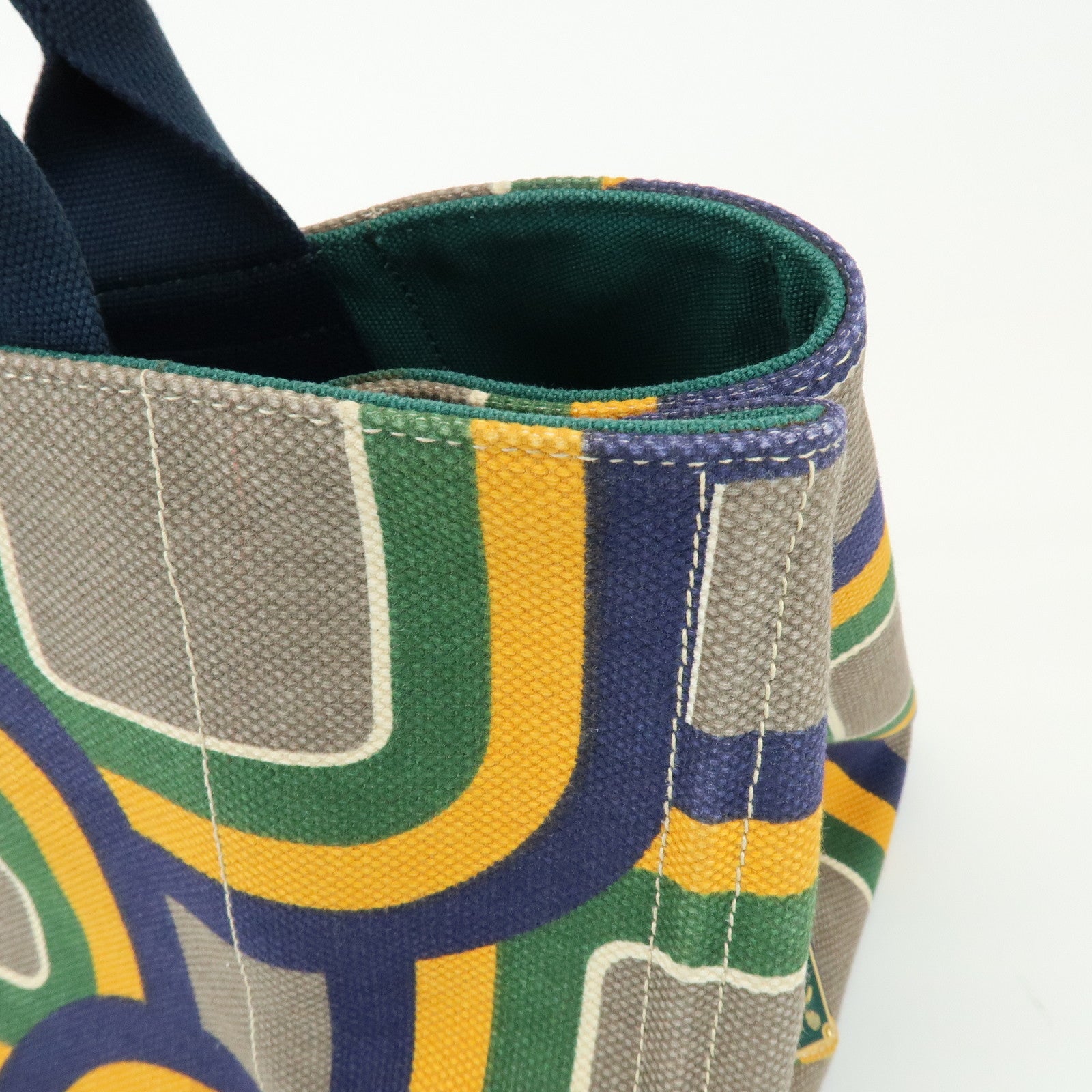 PRADA Canapa Large Tote Bag Hand Bag Green Yellow Navy BN1872