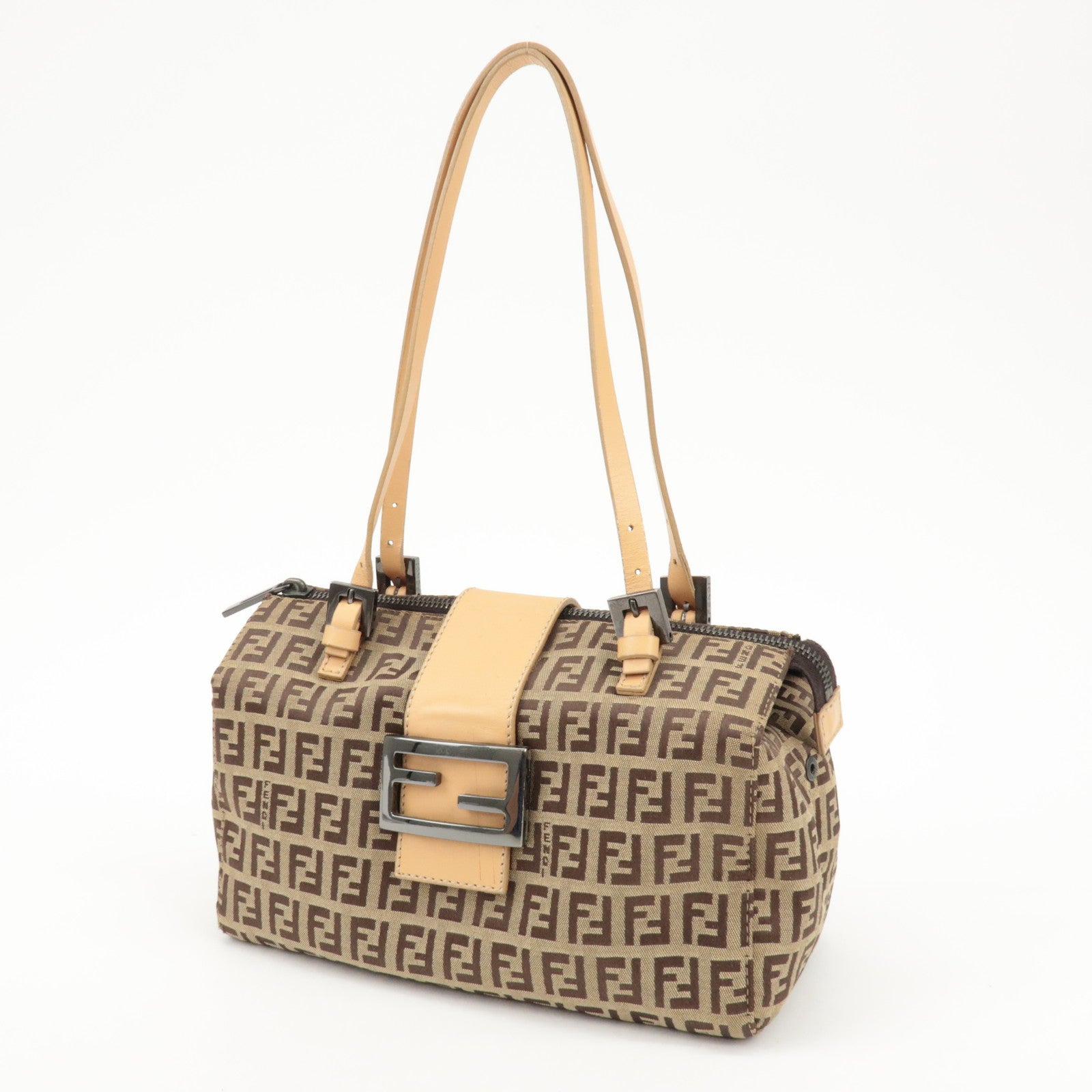 FENDI Zucchino Canvas Leather Shoulder Bag Hand Bag Brown 8BL000 Used