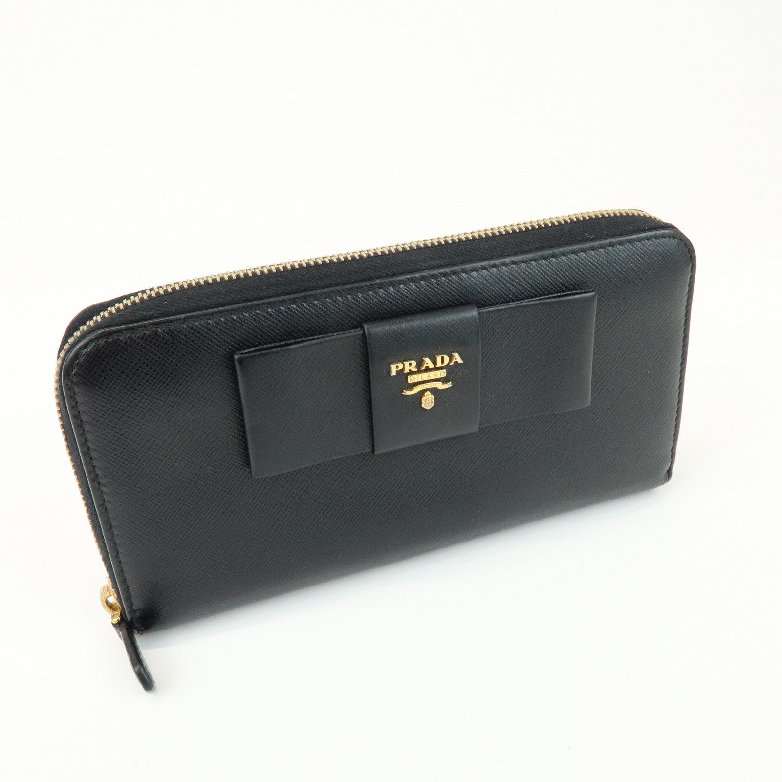PRADA Saffiano Leather Ribbon Round Zippy Wallet Black 1M0506