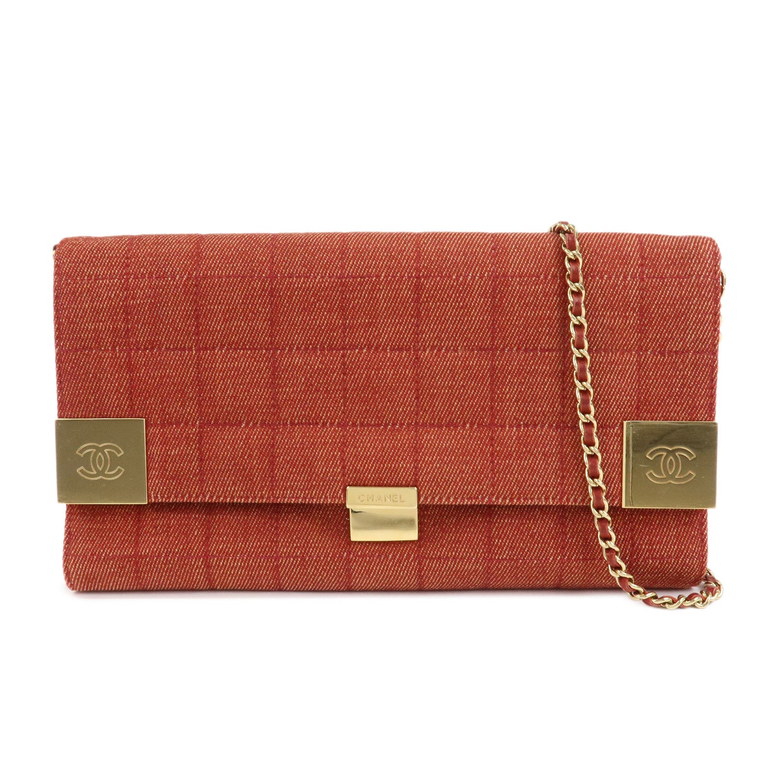 CHANEL Denim Lamb Skin Leather Chain Shoulder Bag Red
