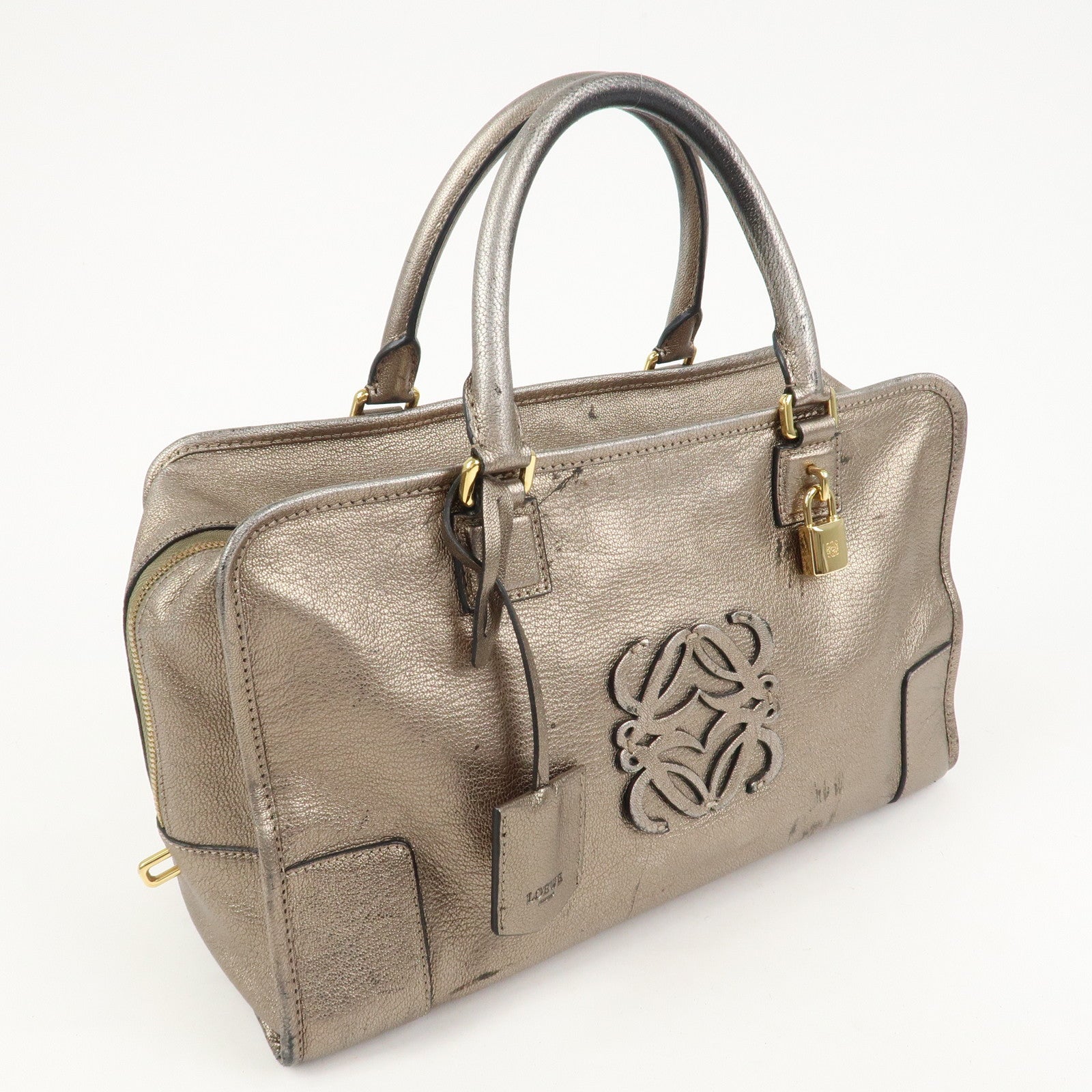 LOEWE Anagram Leather Amazona 36 Hand Bag Boston Bag Silver Grey