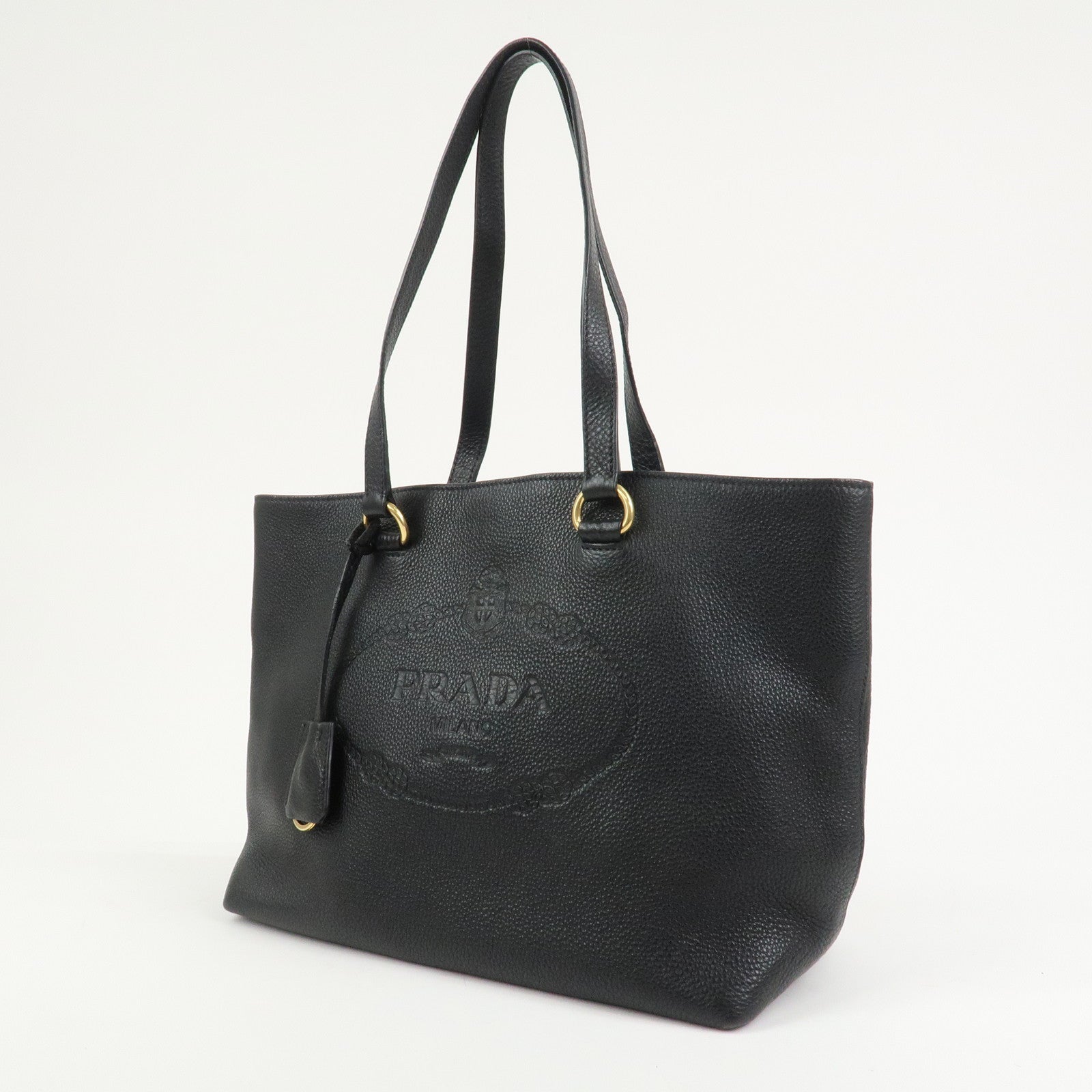 PRADA Logo Vitello Daino Leather Tote Bag Shoulder Bag Black 1BG100