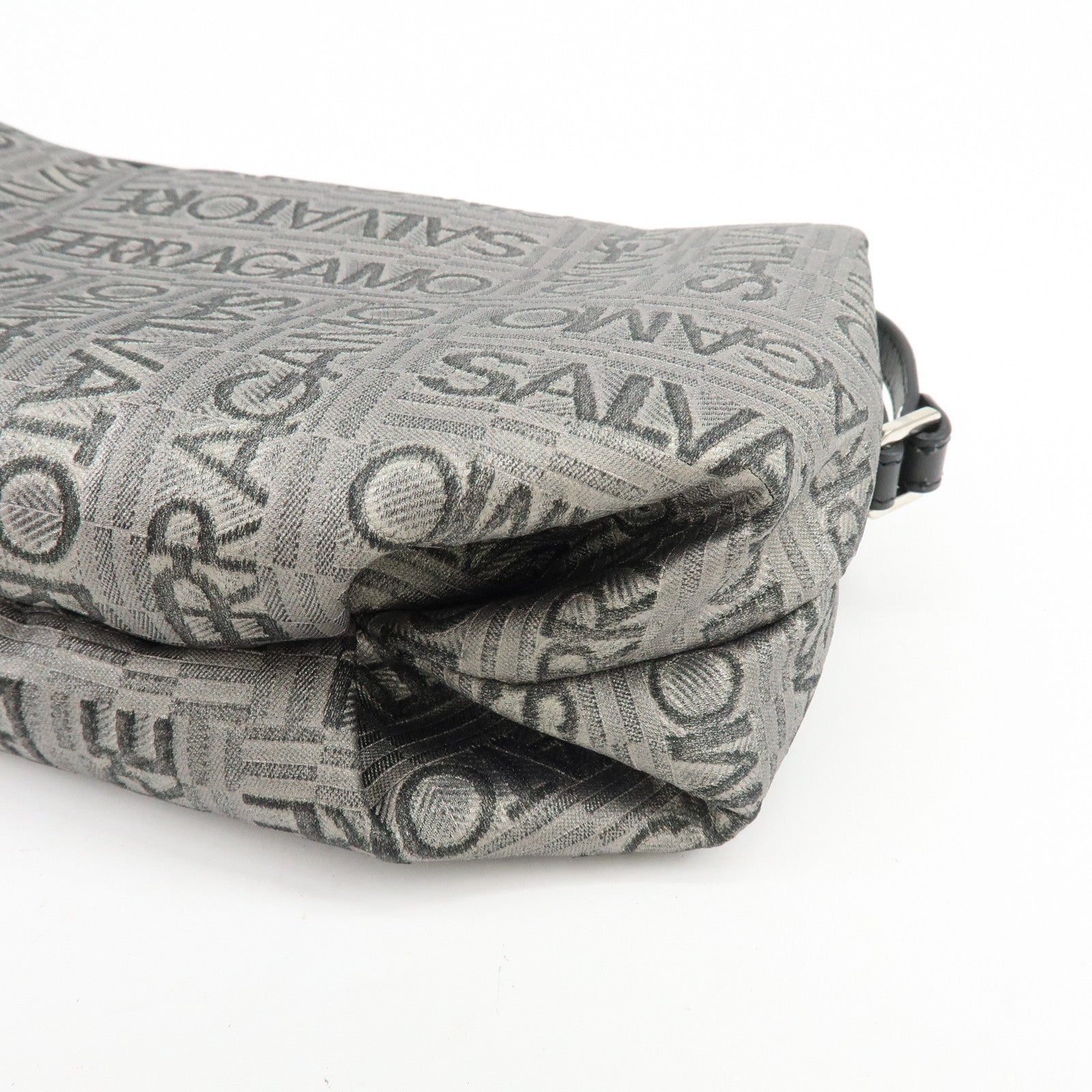 Ferragamo Gancini Logo Canvas Leather Hand Bag Pouch Silver Black