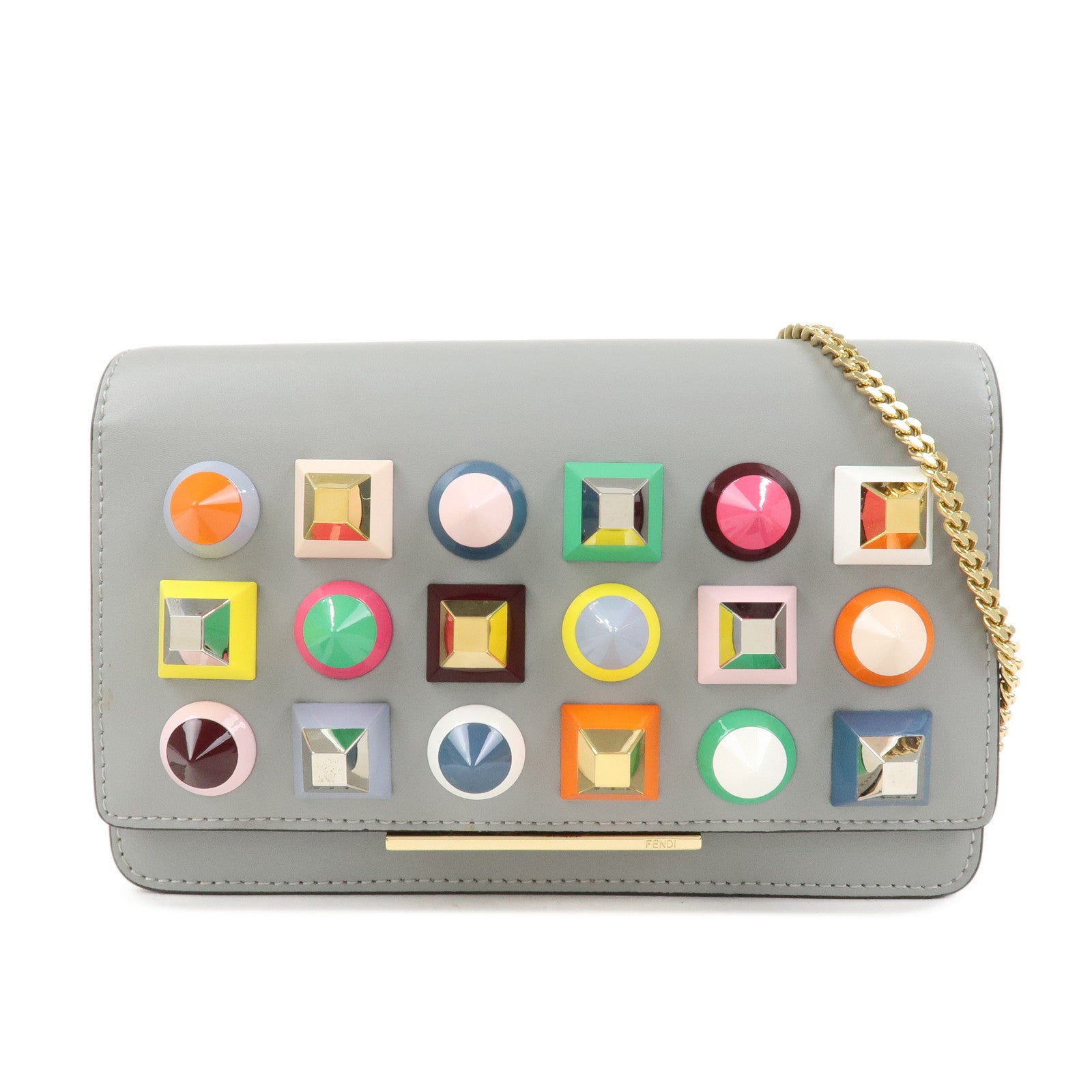 FENDI Leather Studs Shoulder Bag Hand Bag Grey 8M0346