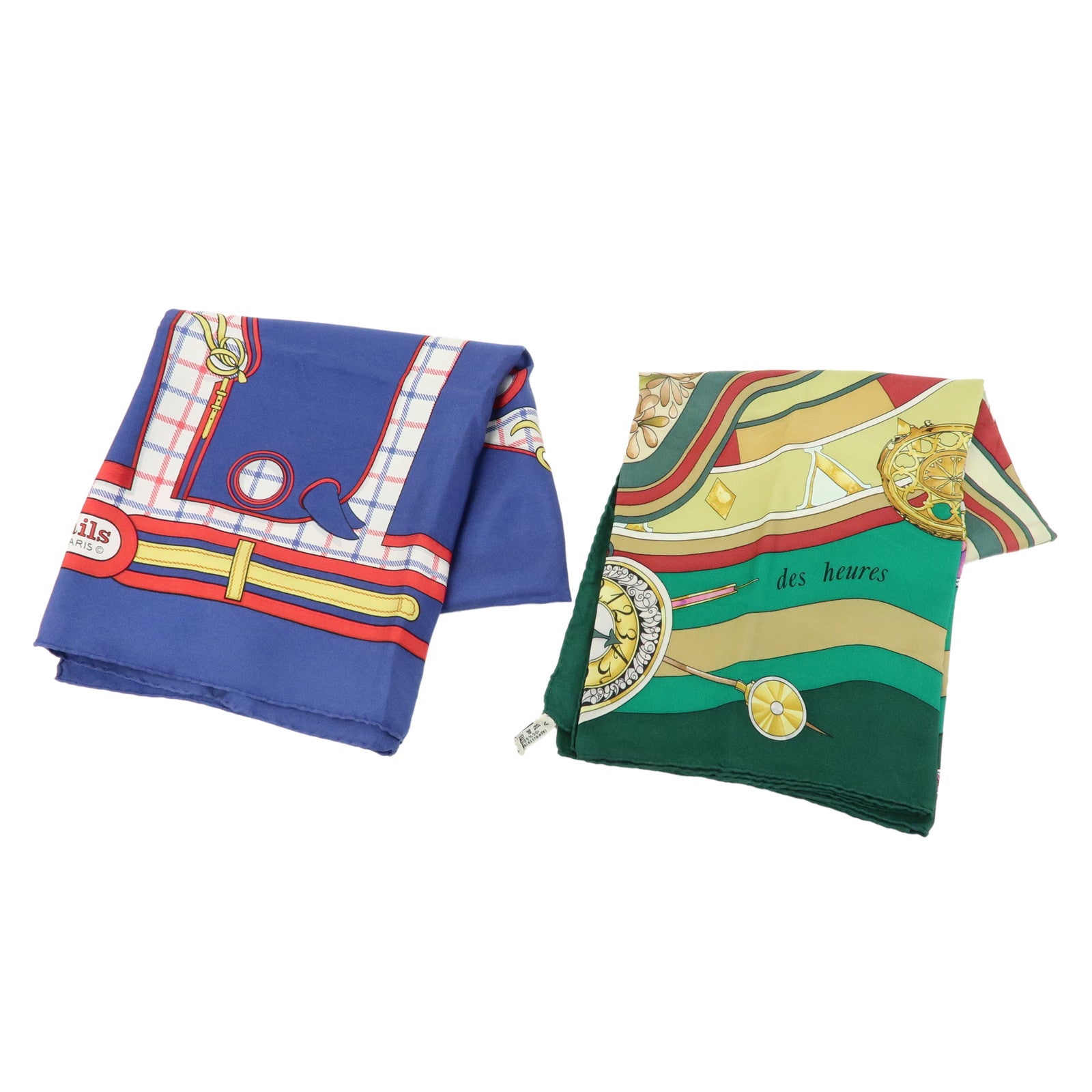 HERMES Carre 90 Set of 2 Silk 100% Scarf Navy Green