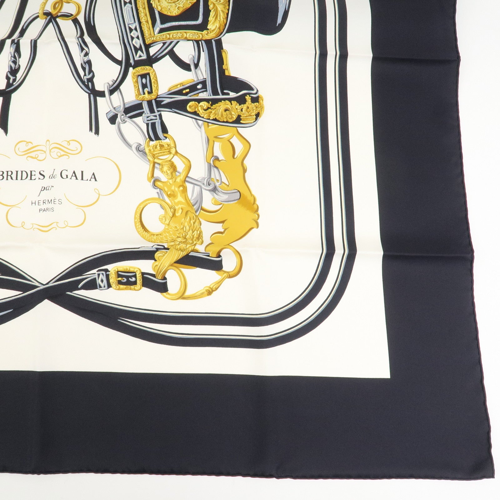 HERMES Carre 90 Silk 100% Scarf BRIDES DE GALA Black White