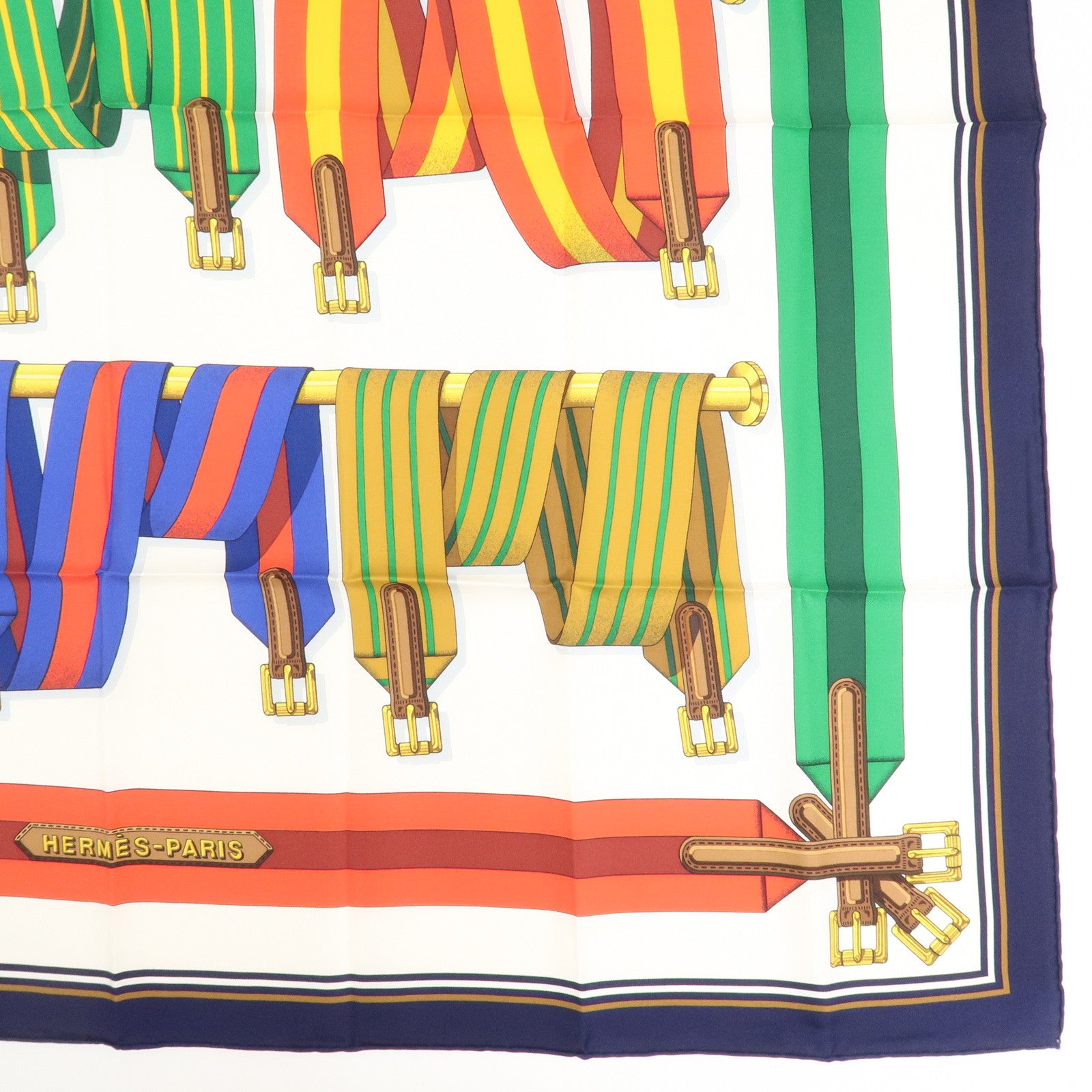 HERMES Carre 90 Silk 100% Scarf J.METZ Les Sangles White Navy