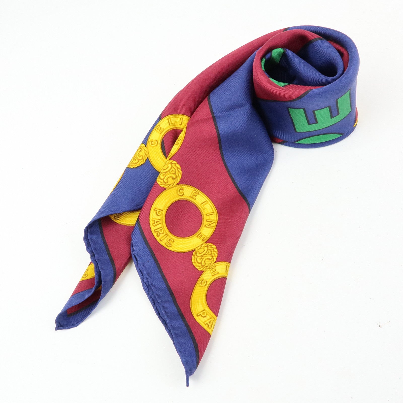 CELINE Silk 100% Scarf Le Cirque Lion Elephant Motif Navy Blue