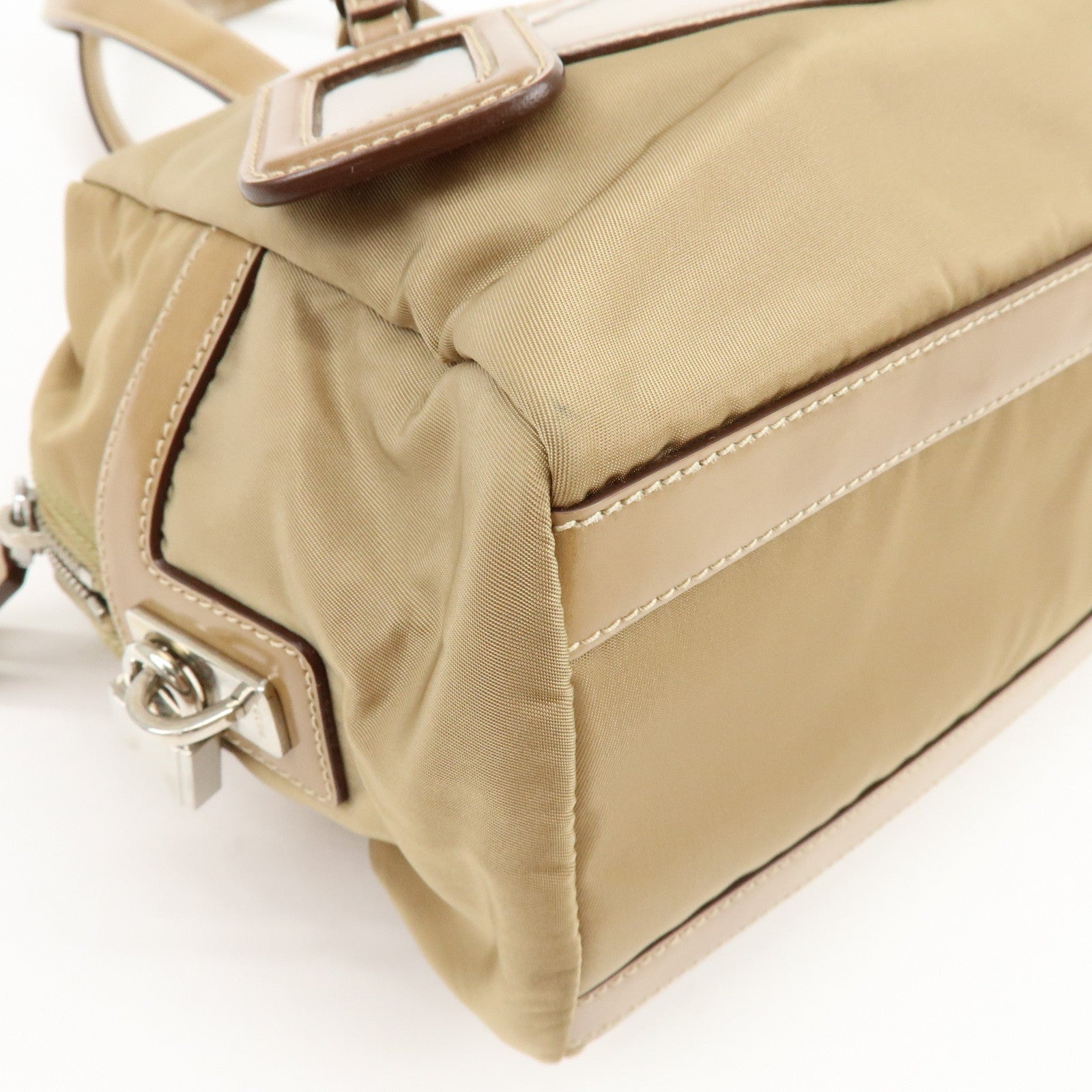 PRADA Logo Nylon Leather Shoulder Bag Boston Bag Beige BR3150