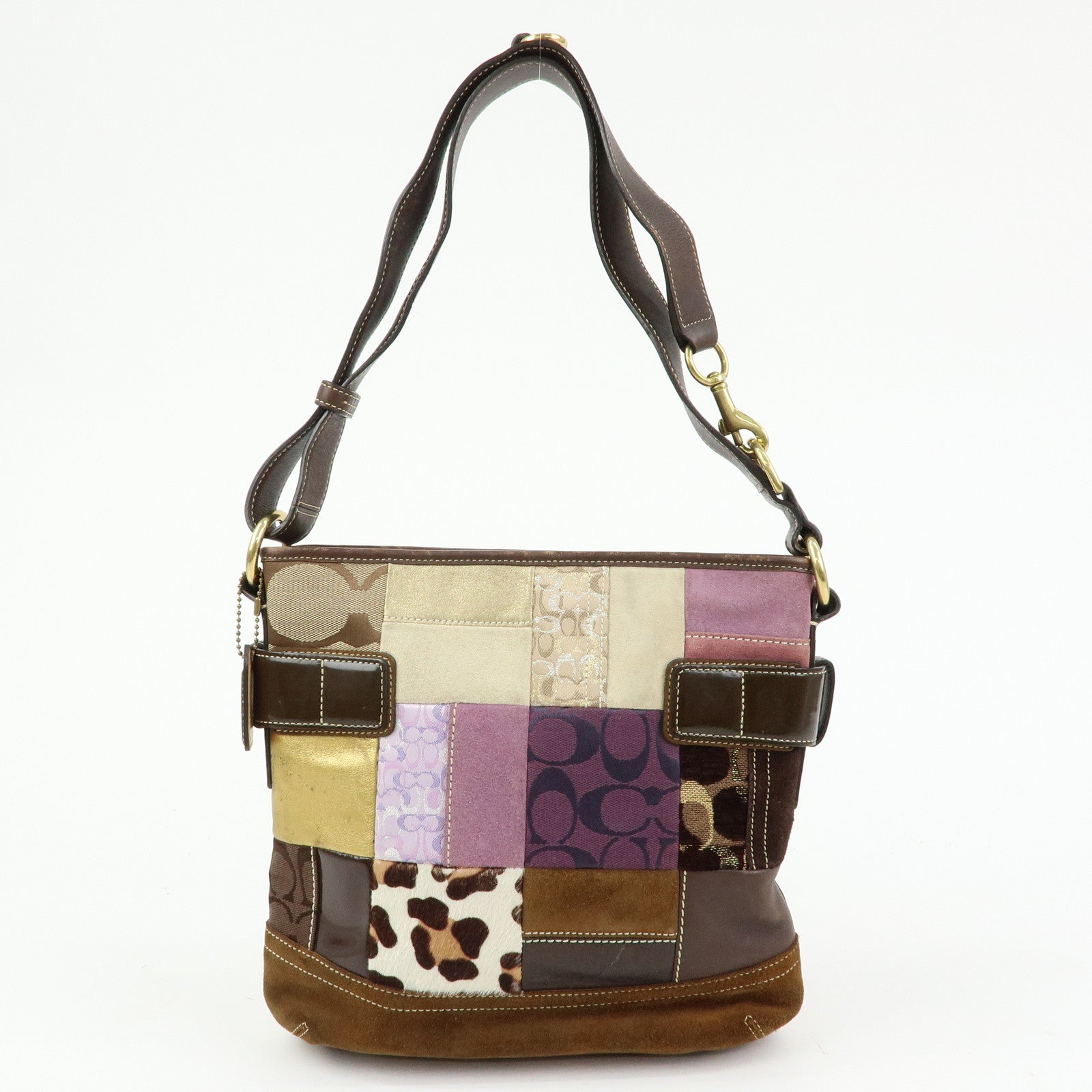 COACH Signature Suede Patent Leather Shoulder Bag Brown Patchwork