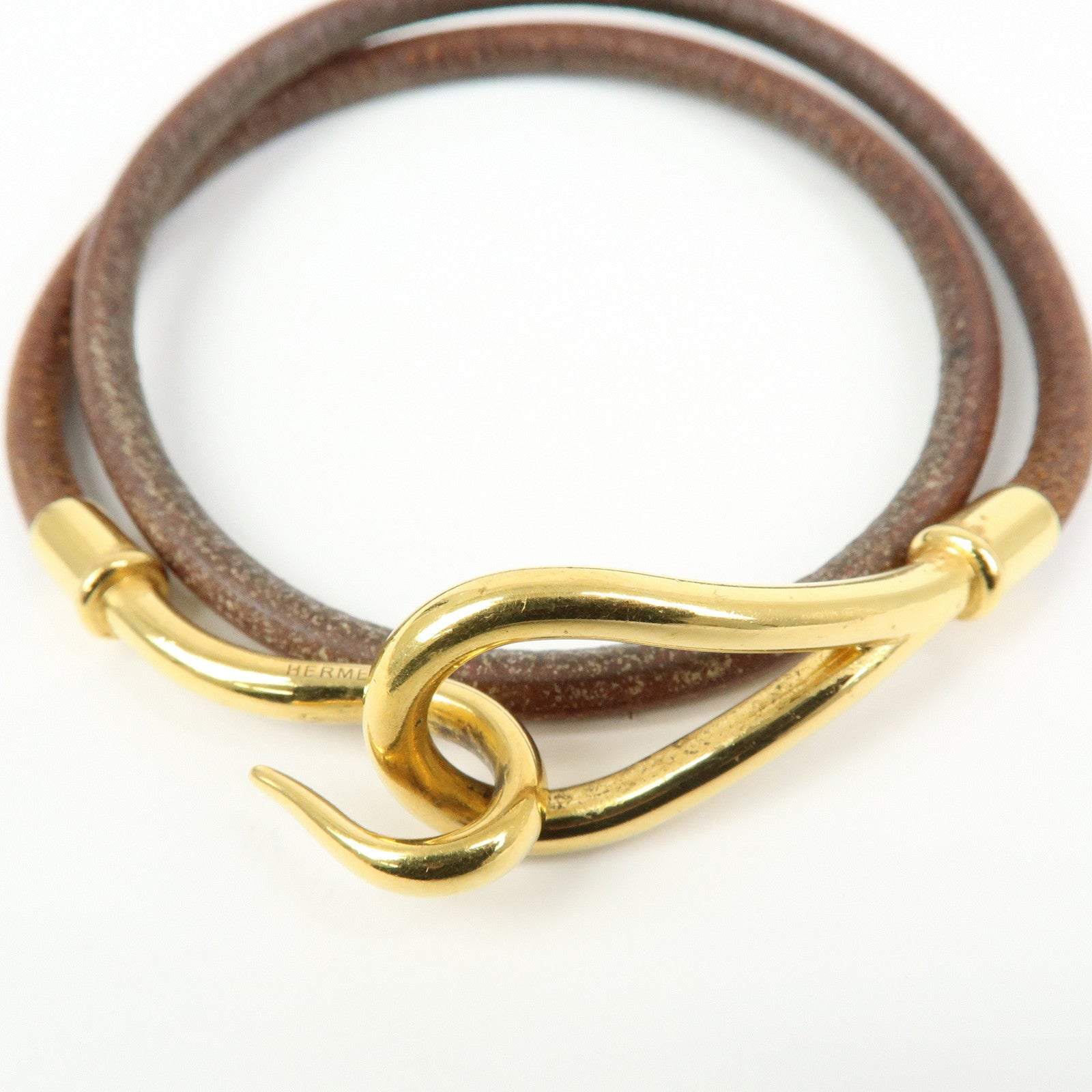 HERMES Jumbo Choker Leather Metal Bracelet Brown Gold