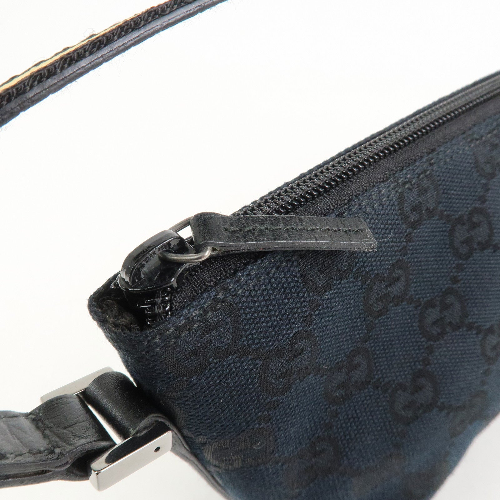 GUCCI Boat Bag Sherry GG Canvas Leather Hand Bag Black 141809