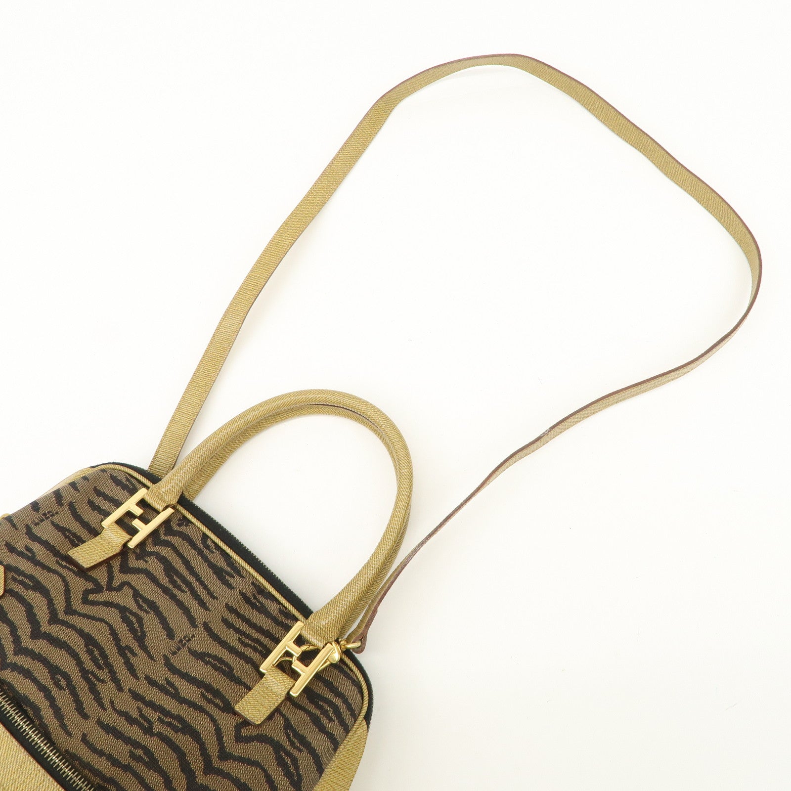 FENDI Leather Canvas 2Way Bag Hand Bag Zebra Print Black Brown Used