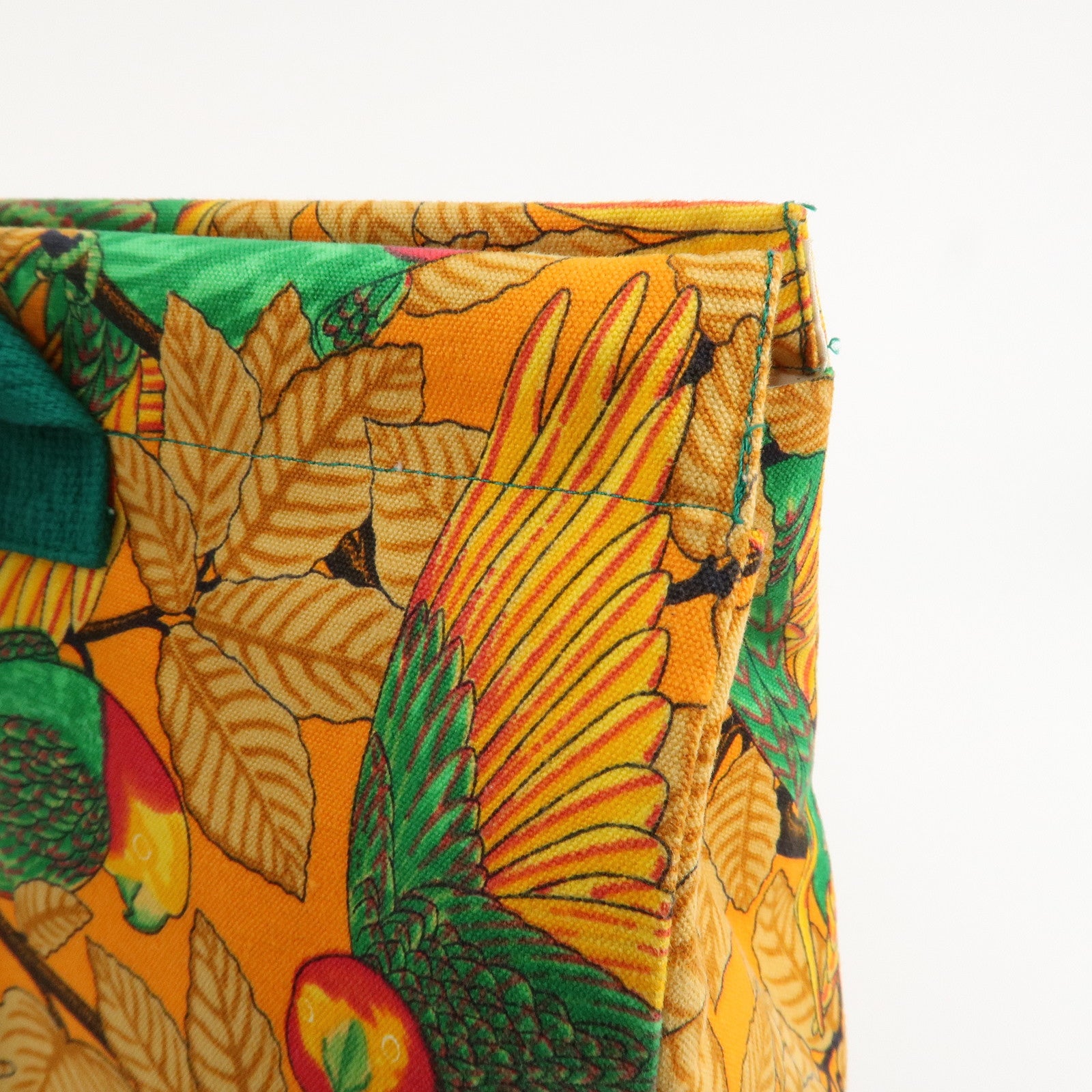 HERMES Cotton Canvas Tote Bag Shoulder Bag Parrot Pattern Orange Green Used